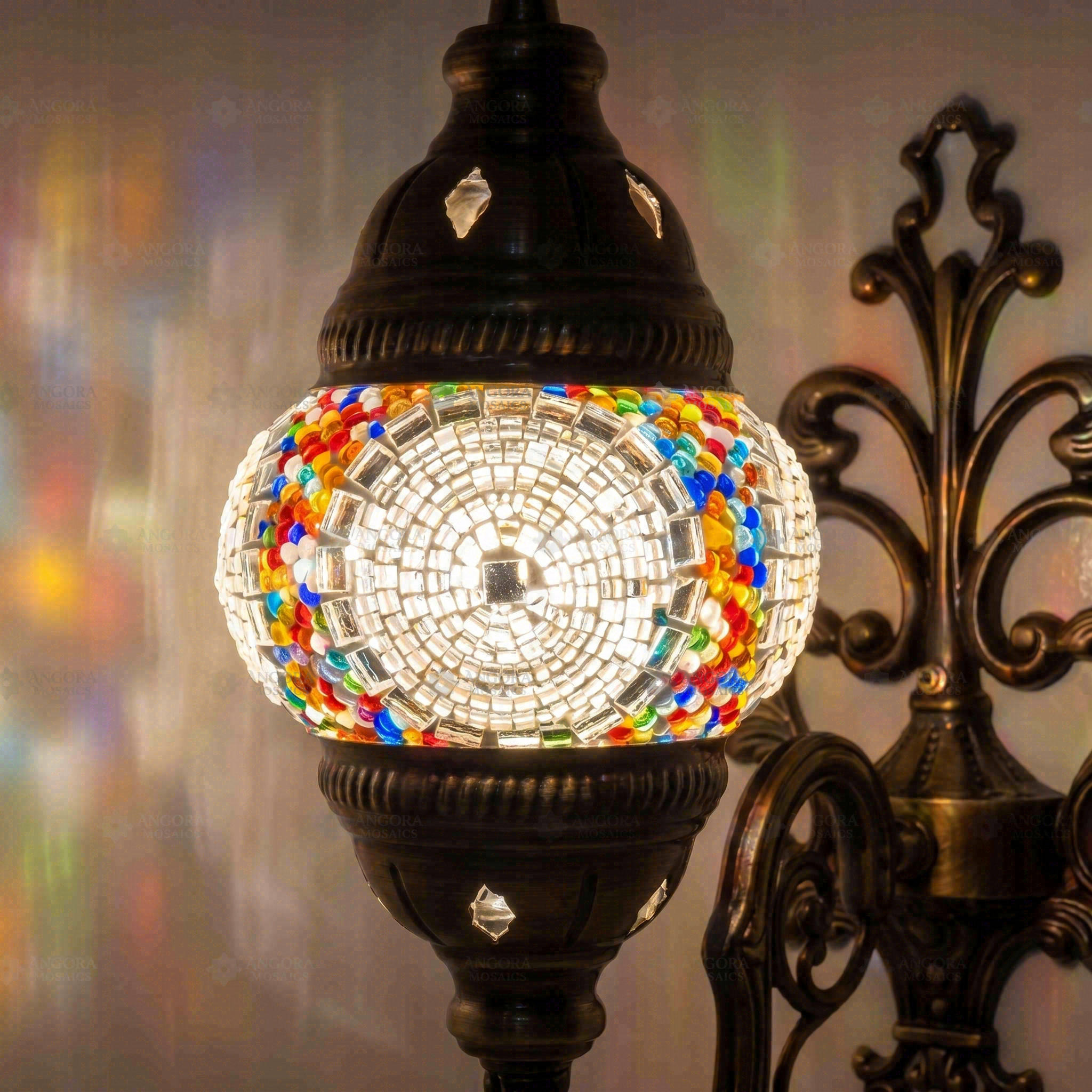 Lit close-up of mosaic glass globe — Multicolor wall sconce glowing (ENV APN1013)