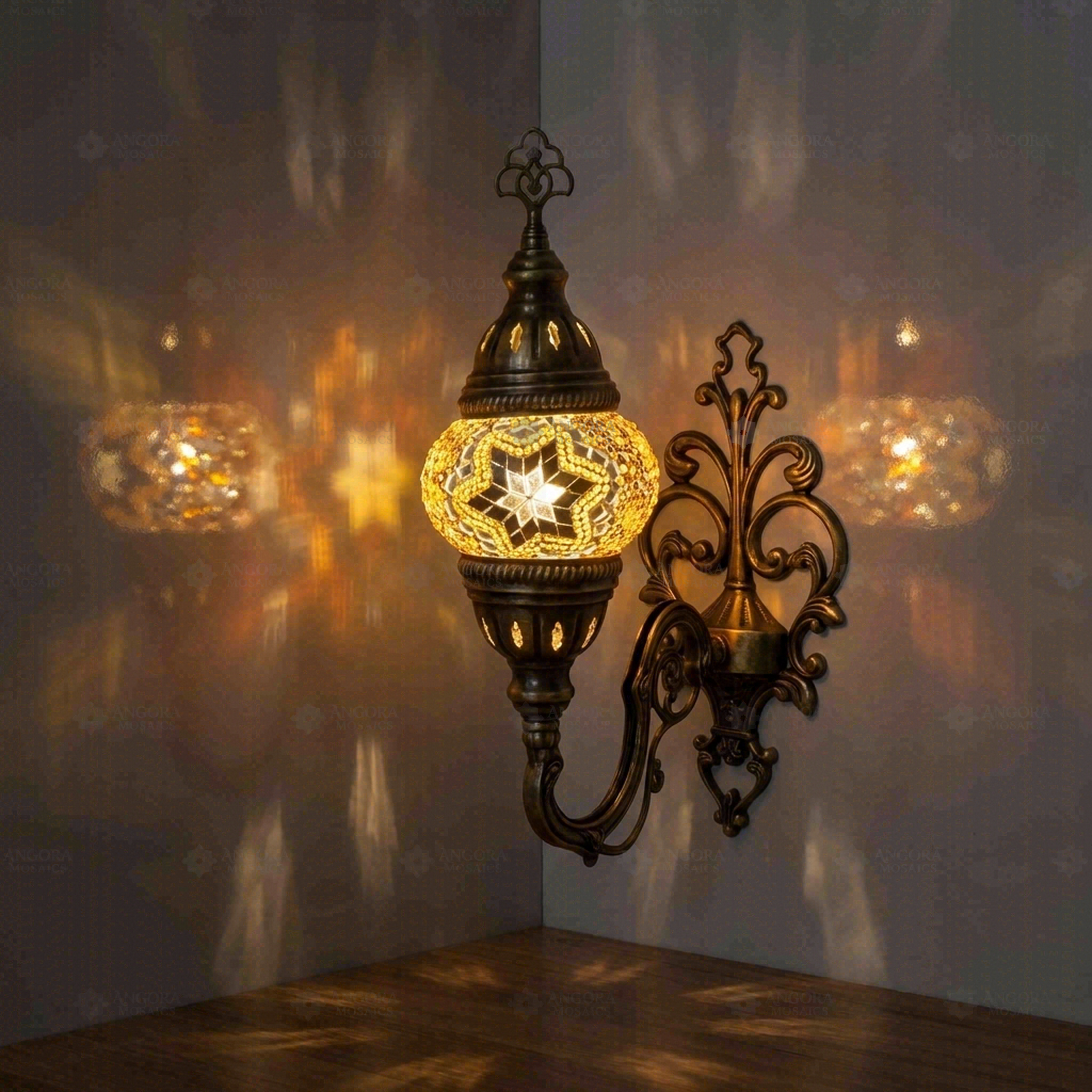 Amber Turkish mosaic wall sconce illuminated, showing colorful light projection (ENV APN1022)