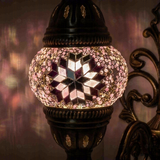 Lit close-up of mosaic glass globe — Pink wall sconce glowing (ENV APN1034)