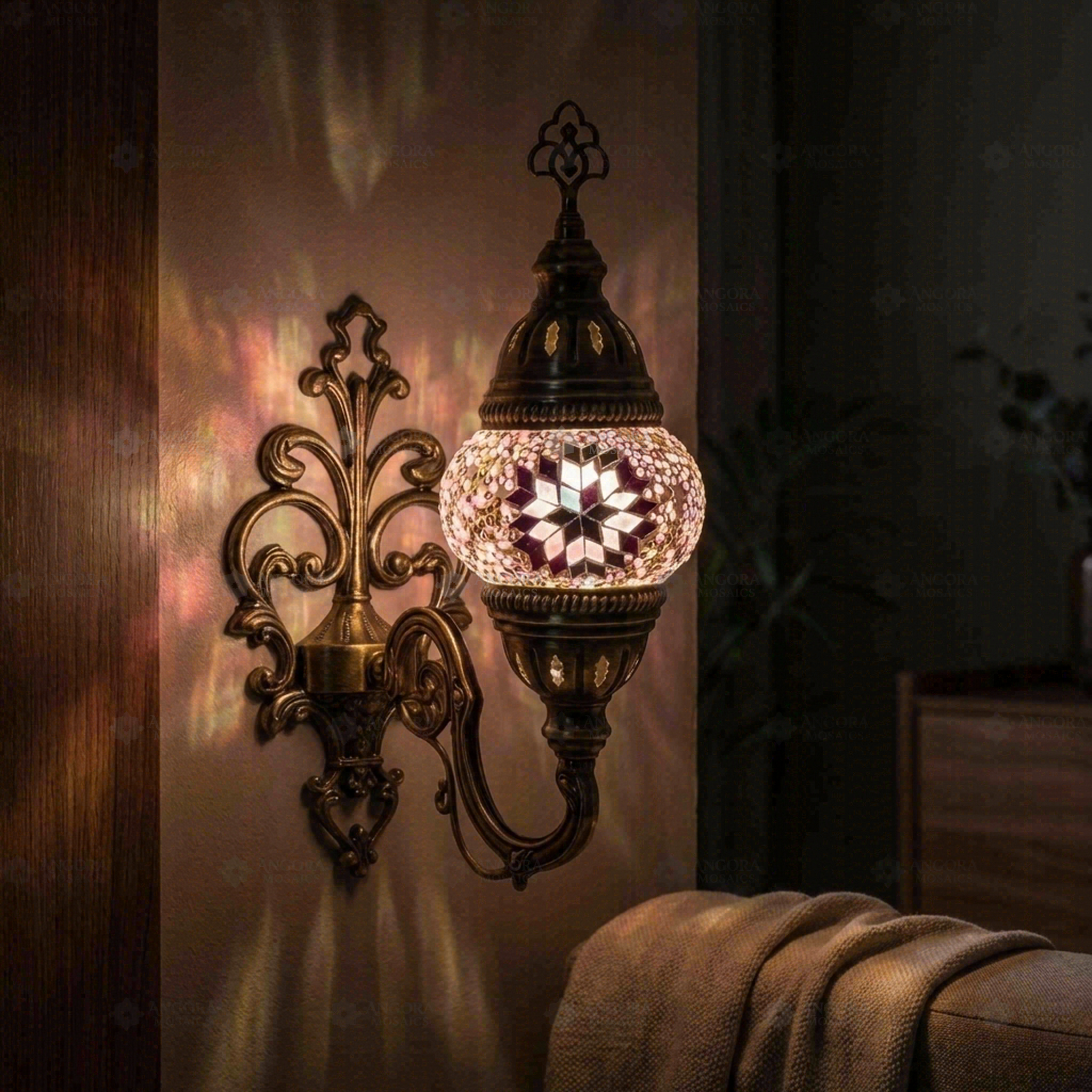 Pink pink rose Turkish mosaic wall sconce in styled room — handmade Moroccan wall sconce (ENV APN1034)