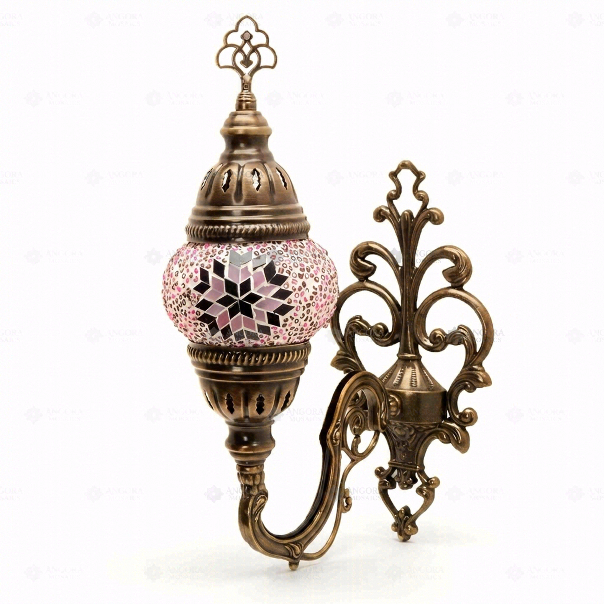 Full view of handmade Pink pink rose Turkish mosaic wall sconce on white background (ENV APN1034)