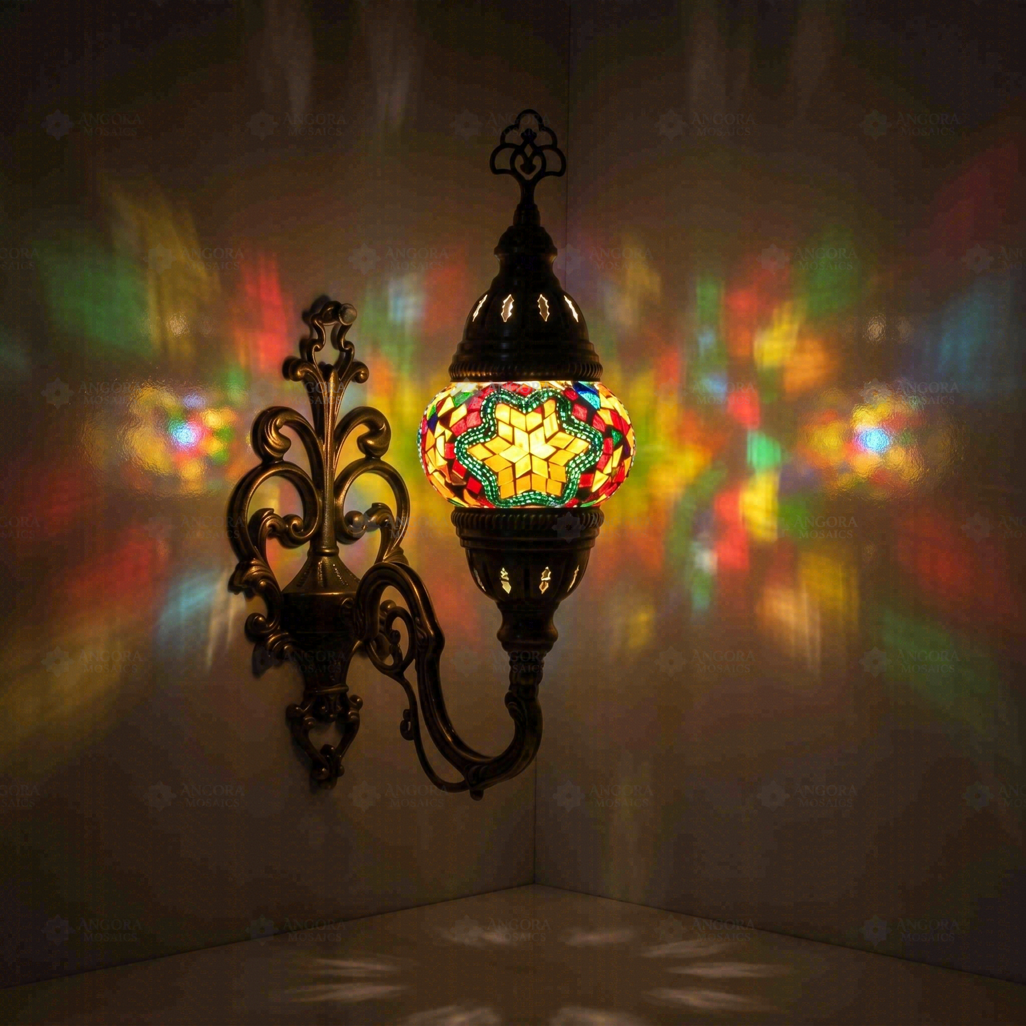 Multicolor Turkish mosaic wall sconce illuminated, showing colorful light projection (ENV APN1042)