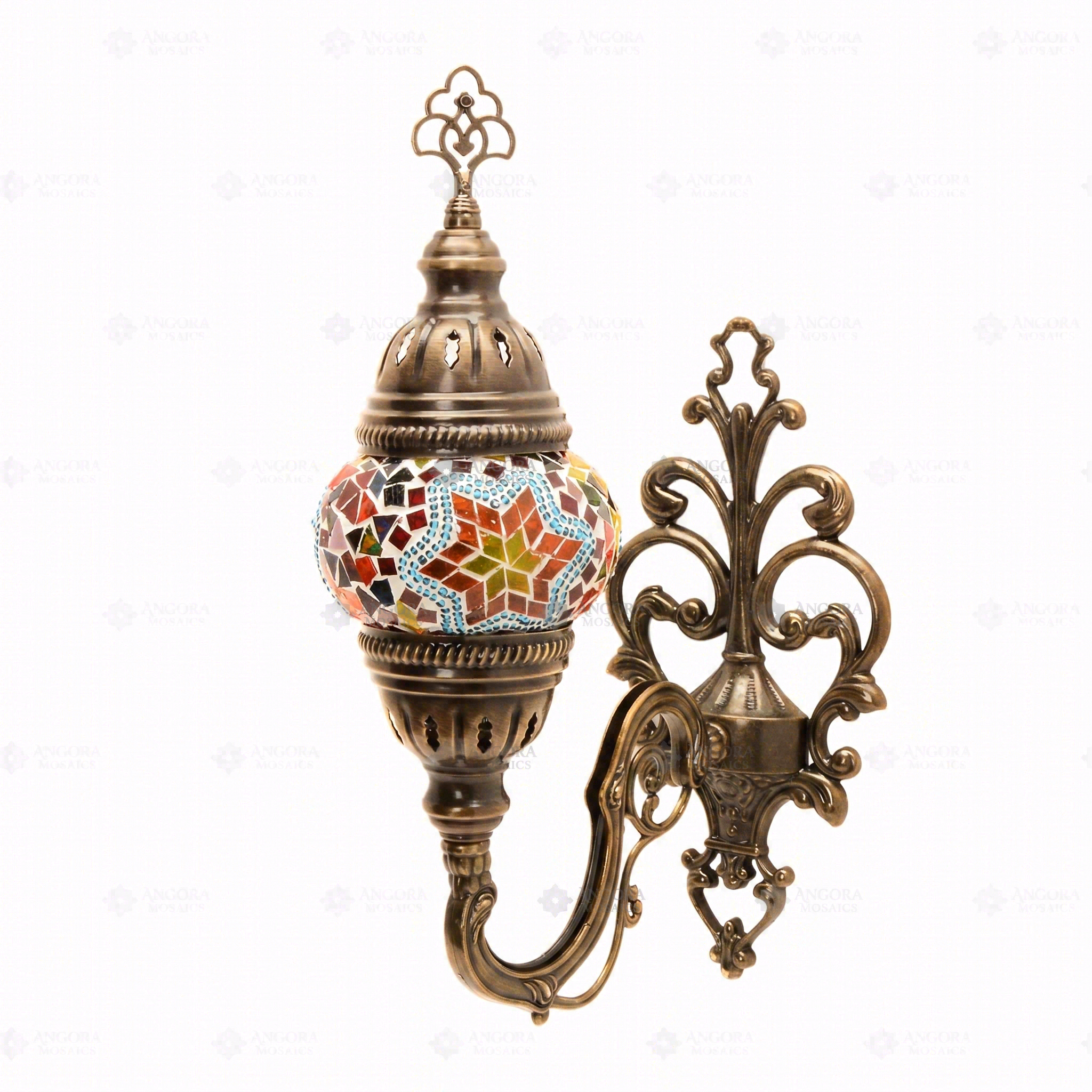 Full view of handmade Multicolor multicolor jewel Turkish mosaic wall sconce on white background (ENV APN1042)