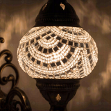 Lit close-up of mosaic glass globe — White wall sconce glowing (ENV APN2001)