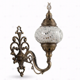 Full view of handmade White white glow Turkish mosaic wall sconce on white background (ENV APN2001)