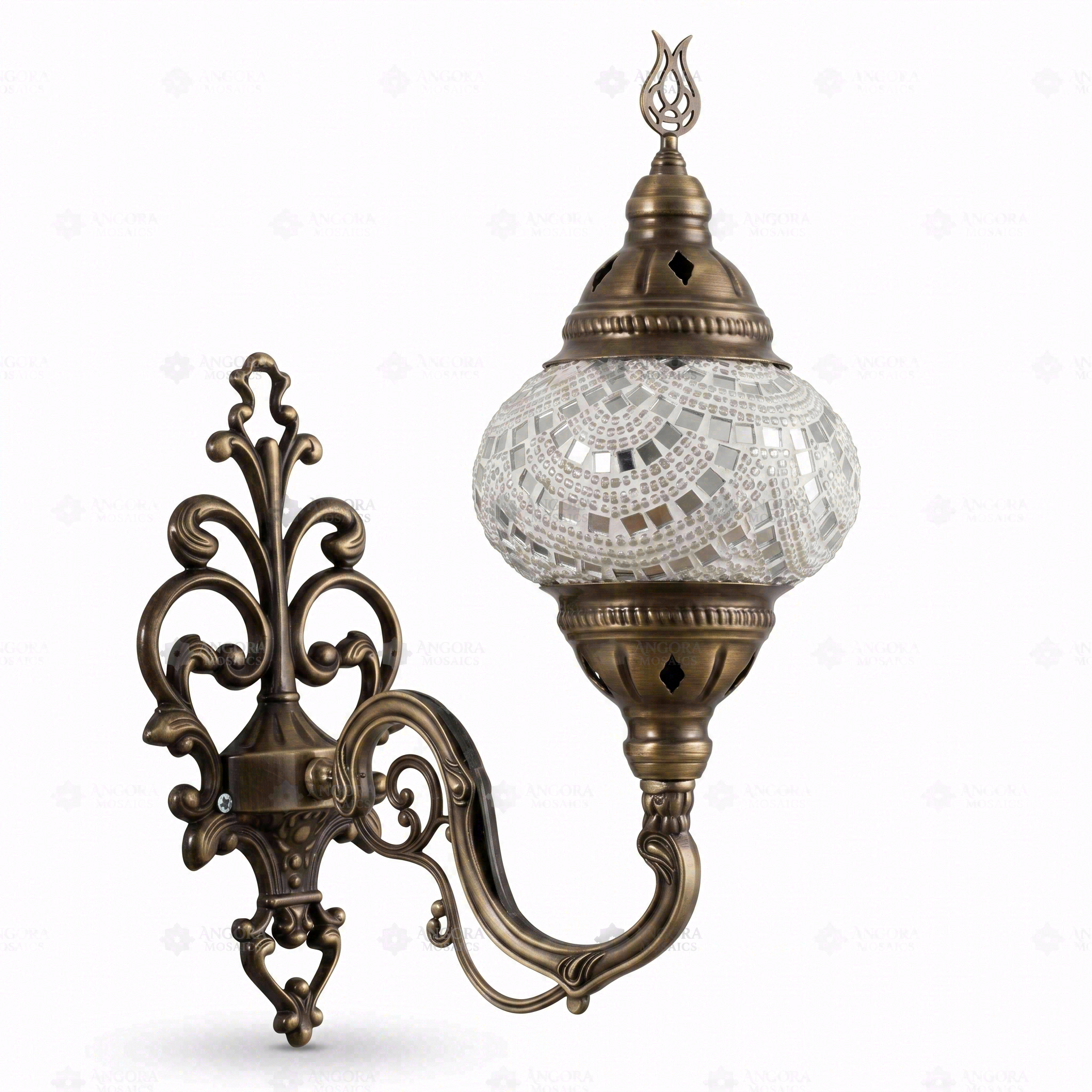 Full view of handmade White white glow Turkish mosaic wall sconce on white background (ENV APN2001)