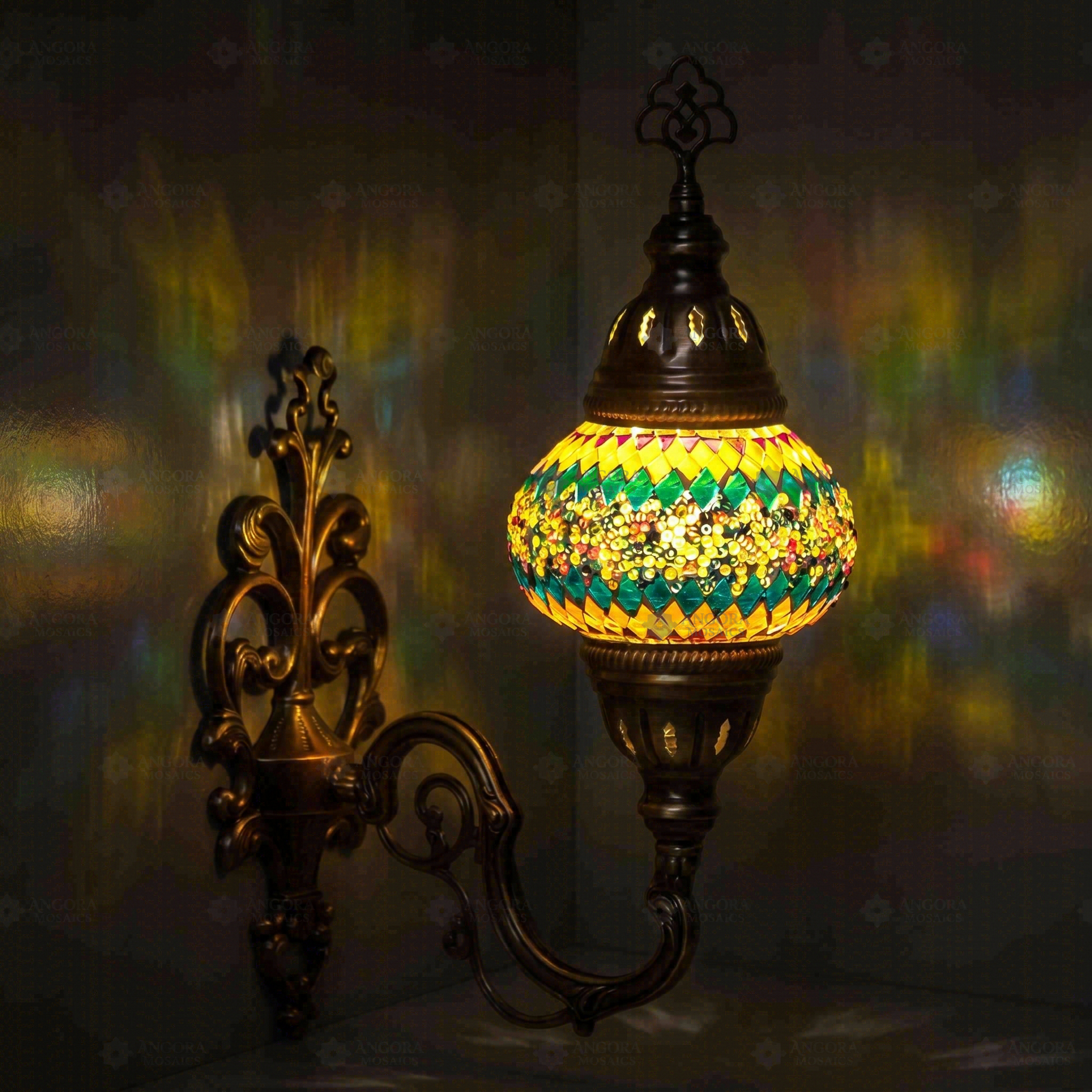 Multicolor Turkish mosaic wall sconce illuminated, showing colorful light projection (ENV APN2003)