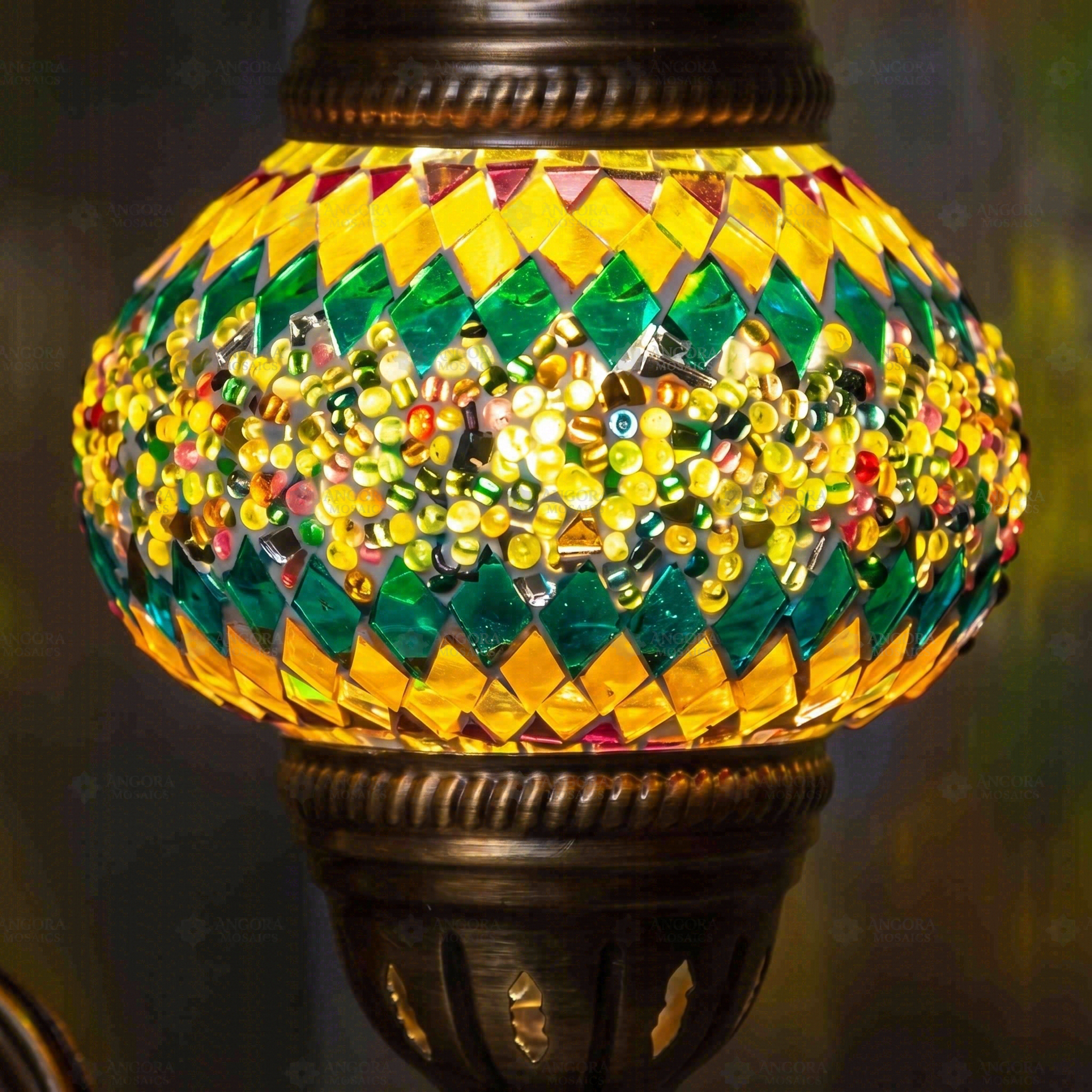 Lit close-up of mosaic glass globe — Multicolor wall sconce glowing (ENV APN2003)