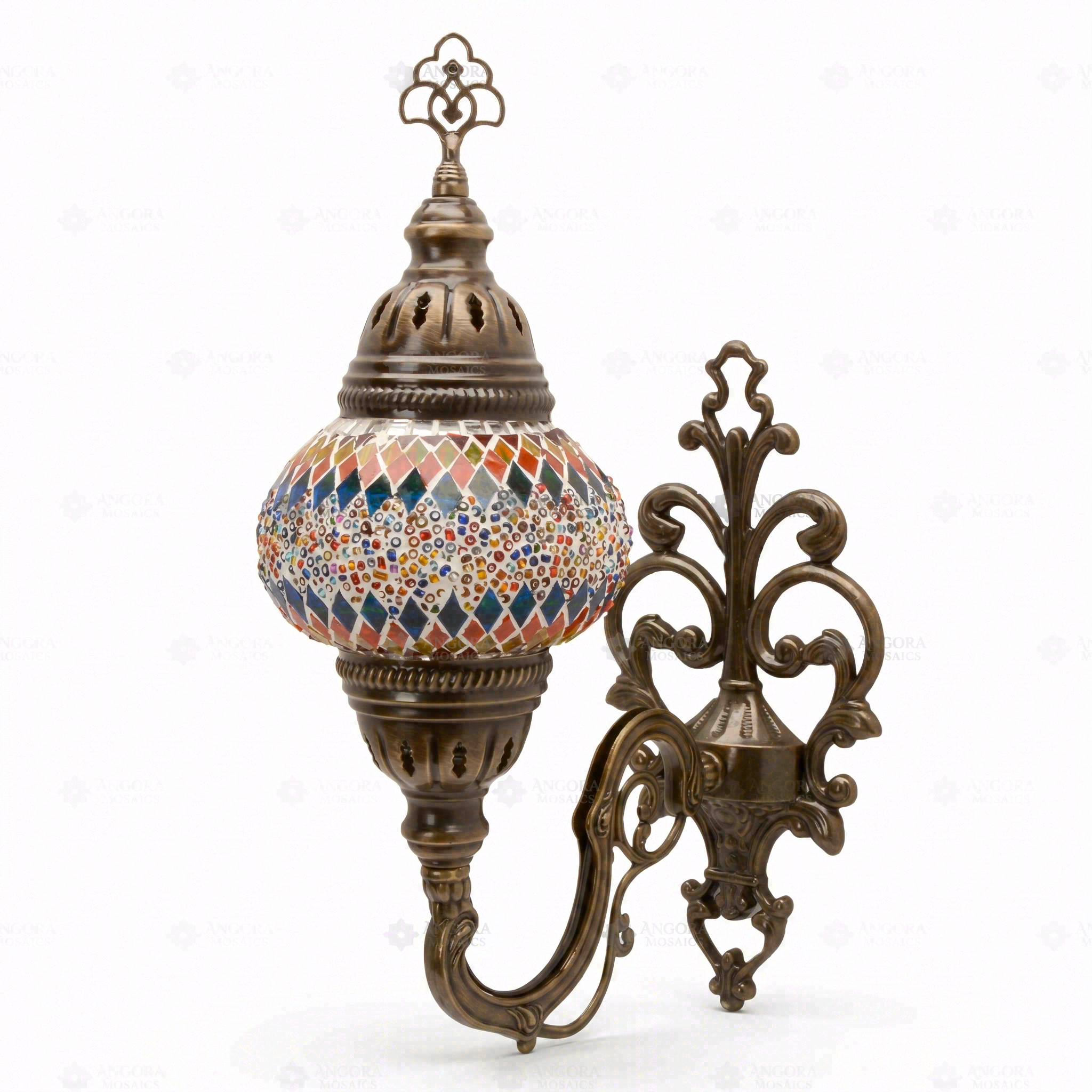 Full view of handmade Multicolor multicolor jewel Turkish mosaic wall sconce on white background (ENV APN2003)