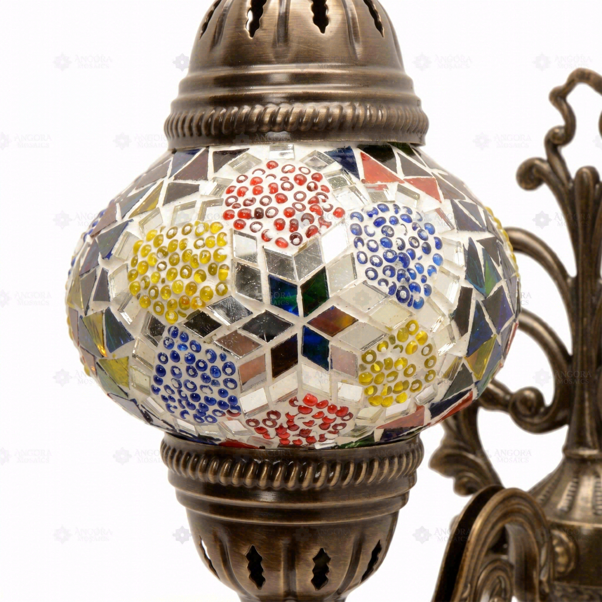Close-up of Multicolor multicolor jewel mosaic glass globe pattern — wall sconce (ENV APN2008)