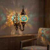 Multicolor multicolor jewel Turkish mosaic wall sconce in styled room — handmade Moroccan wall sconce (ENV APN2010)