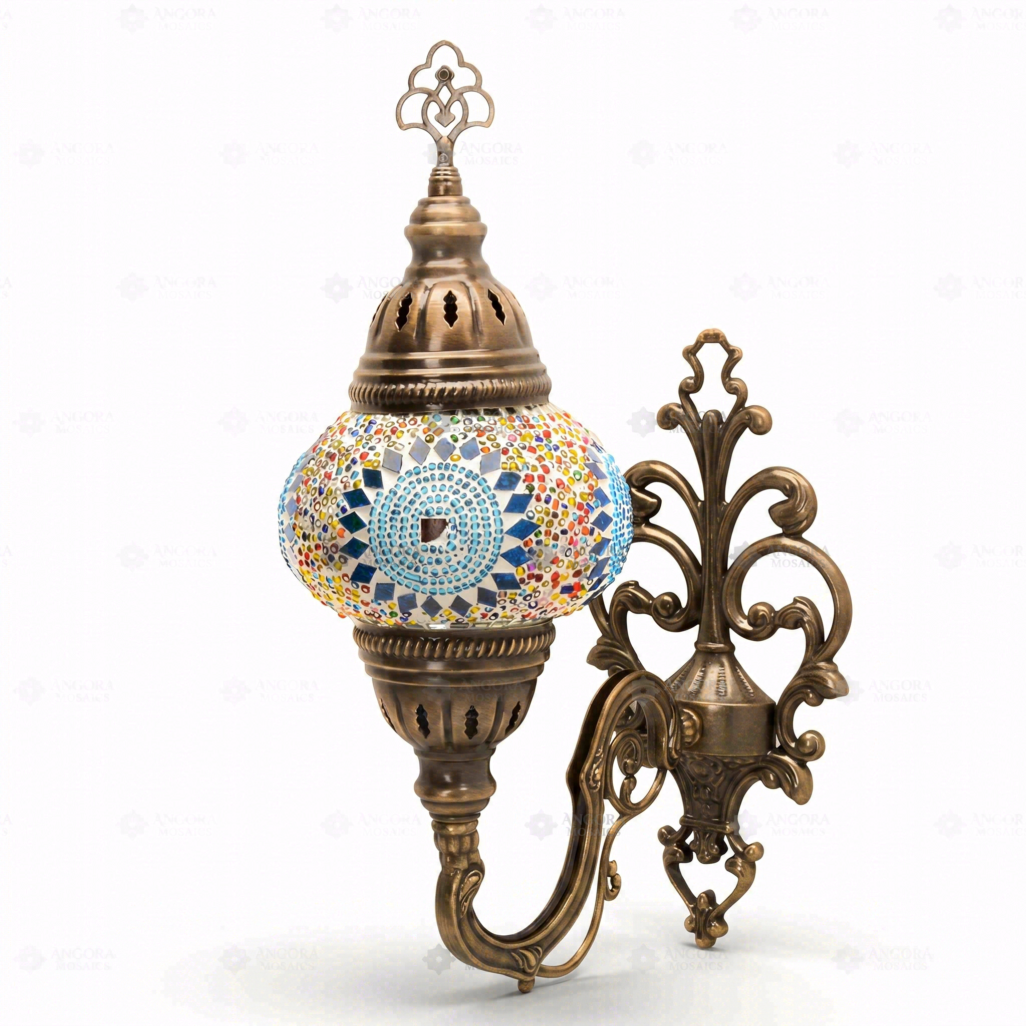 Full view of handmade Multicolor multicolor jewel Turkish mosaic wall sconce on white background (ENV APN2010)
