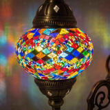 Lit close-up of mosaic glass globe — Multicolor wall sconce glowing (ENV APN2012)