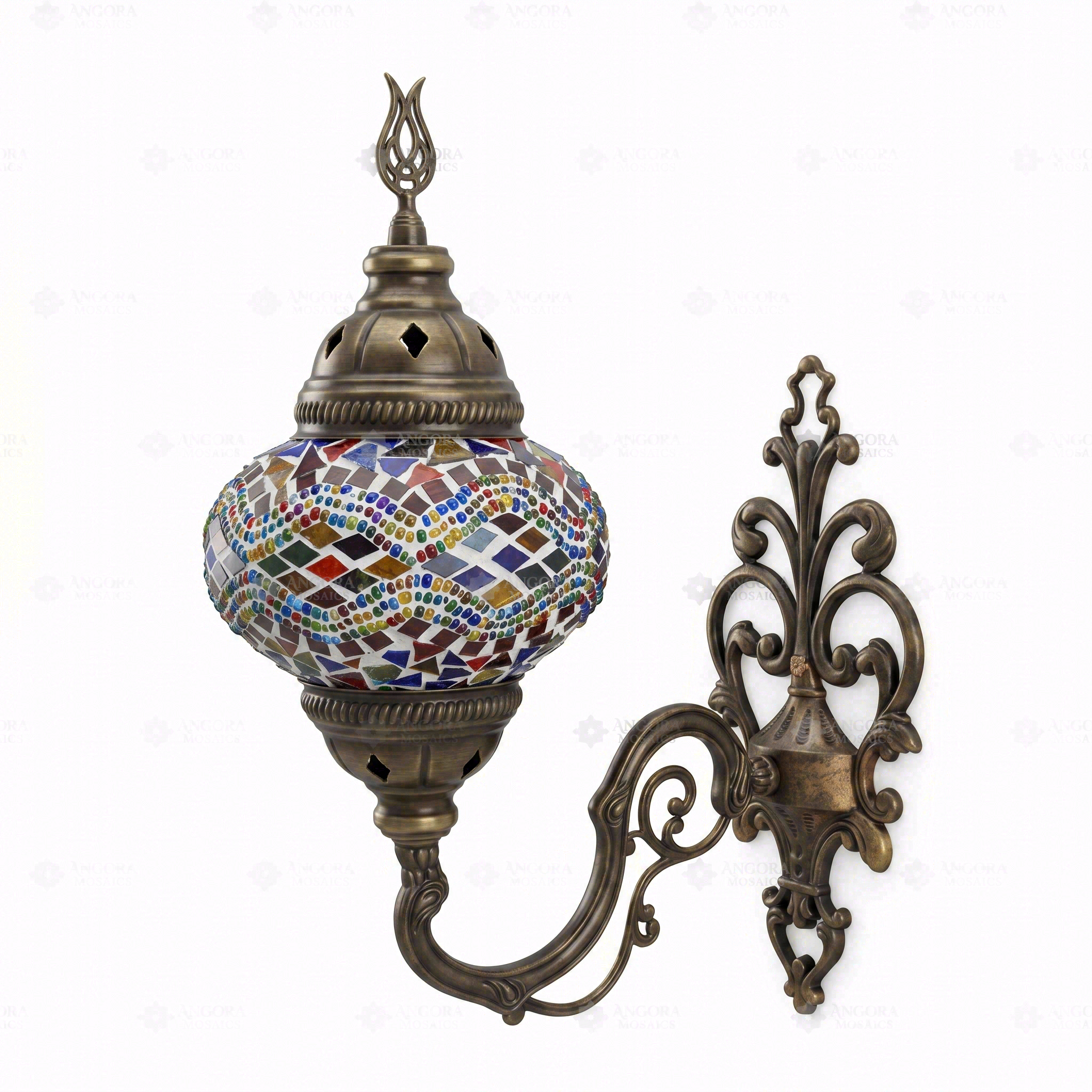 Full view of handmade Multicolor multicolor jewel Turkish mosaic wall sconce on white background (ENV APN2012)