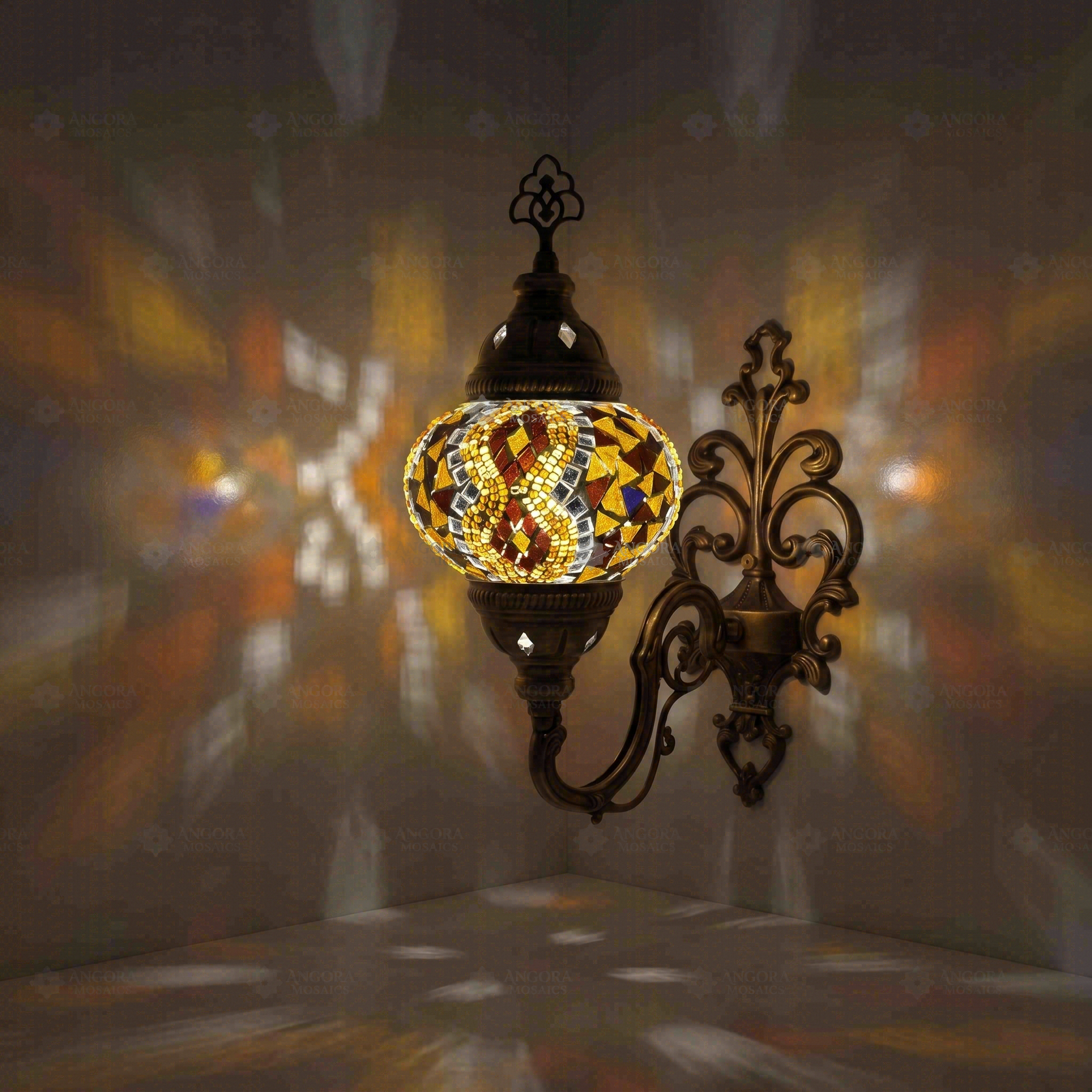 Amber Turkish mosaic wall sconce illuminated, showing colorful light projection (ENV APN2015)