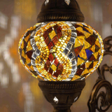 Lit close-up of mosaic glass globe — Amber wall sconce glowing (ENV APN2015)