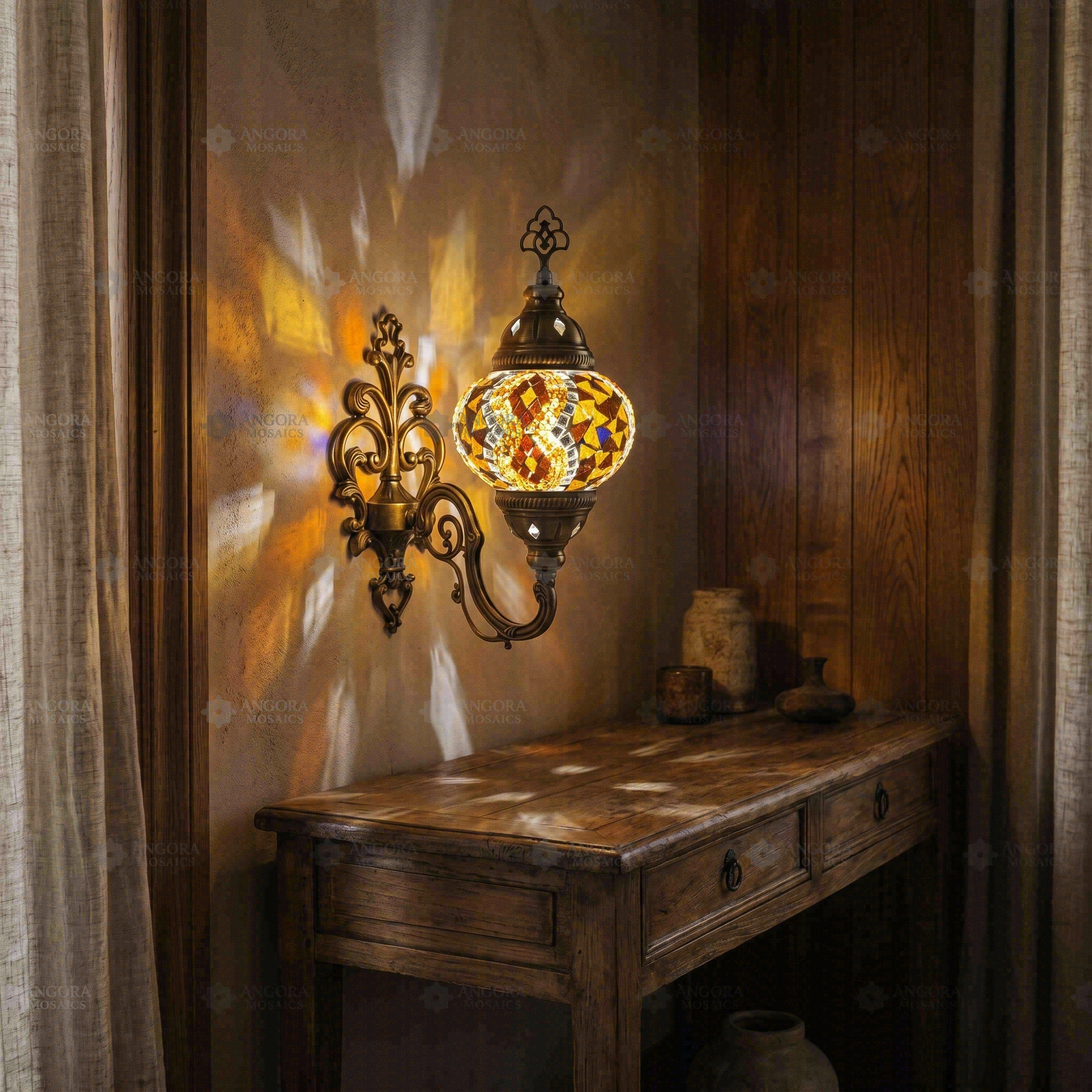 Amber warm amber Turkish mosaic wall sconce in styled room — handmade Moroccan wall sconce (ENV APN2015)
