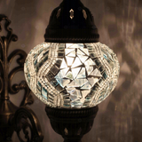 Lit close-up of mosaic glass globe — White wall sconce glowing (ENV APN2017)