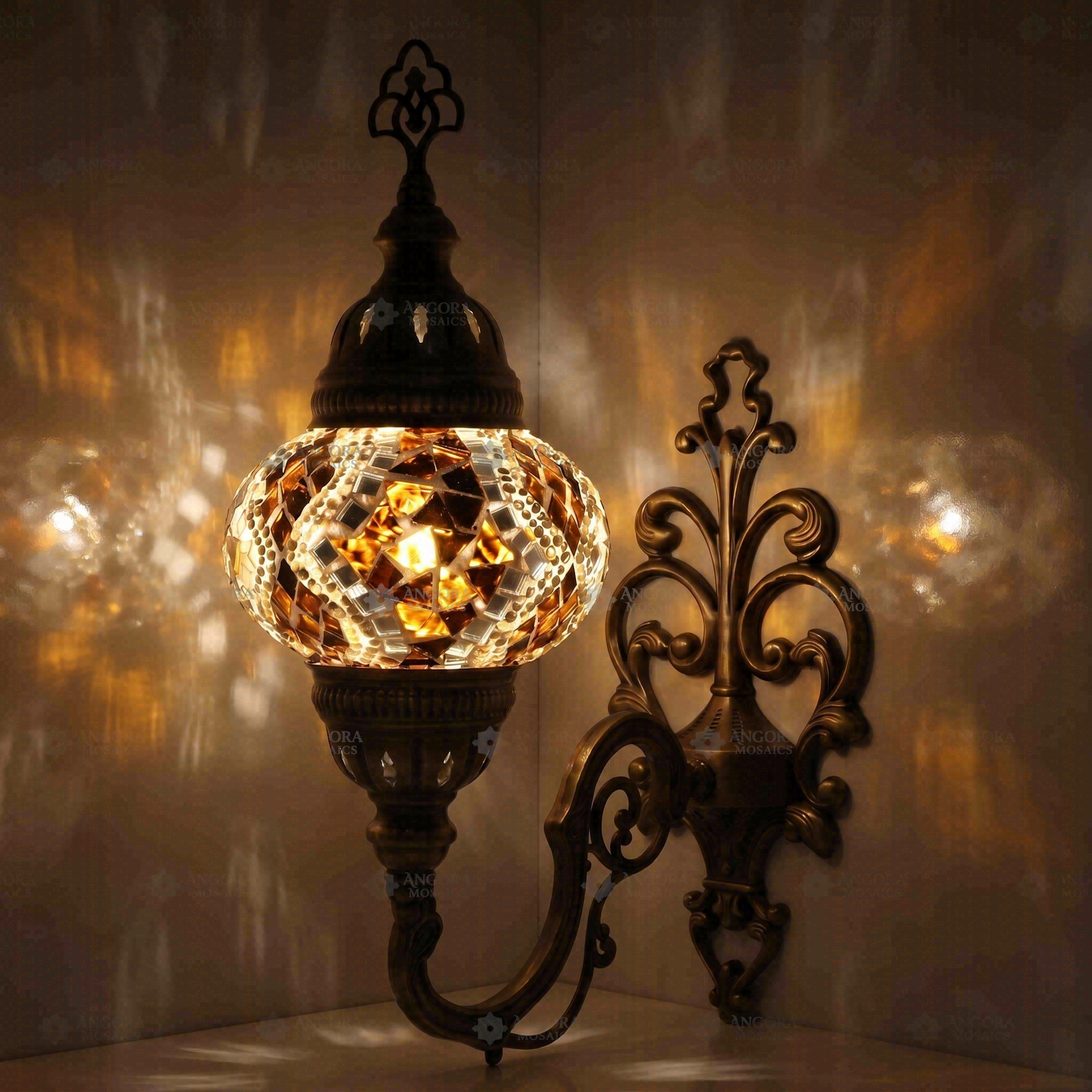 Amber Turkish mosaic wall sconce illuminated, showing colorful light projection (ENV APN2025)