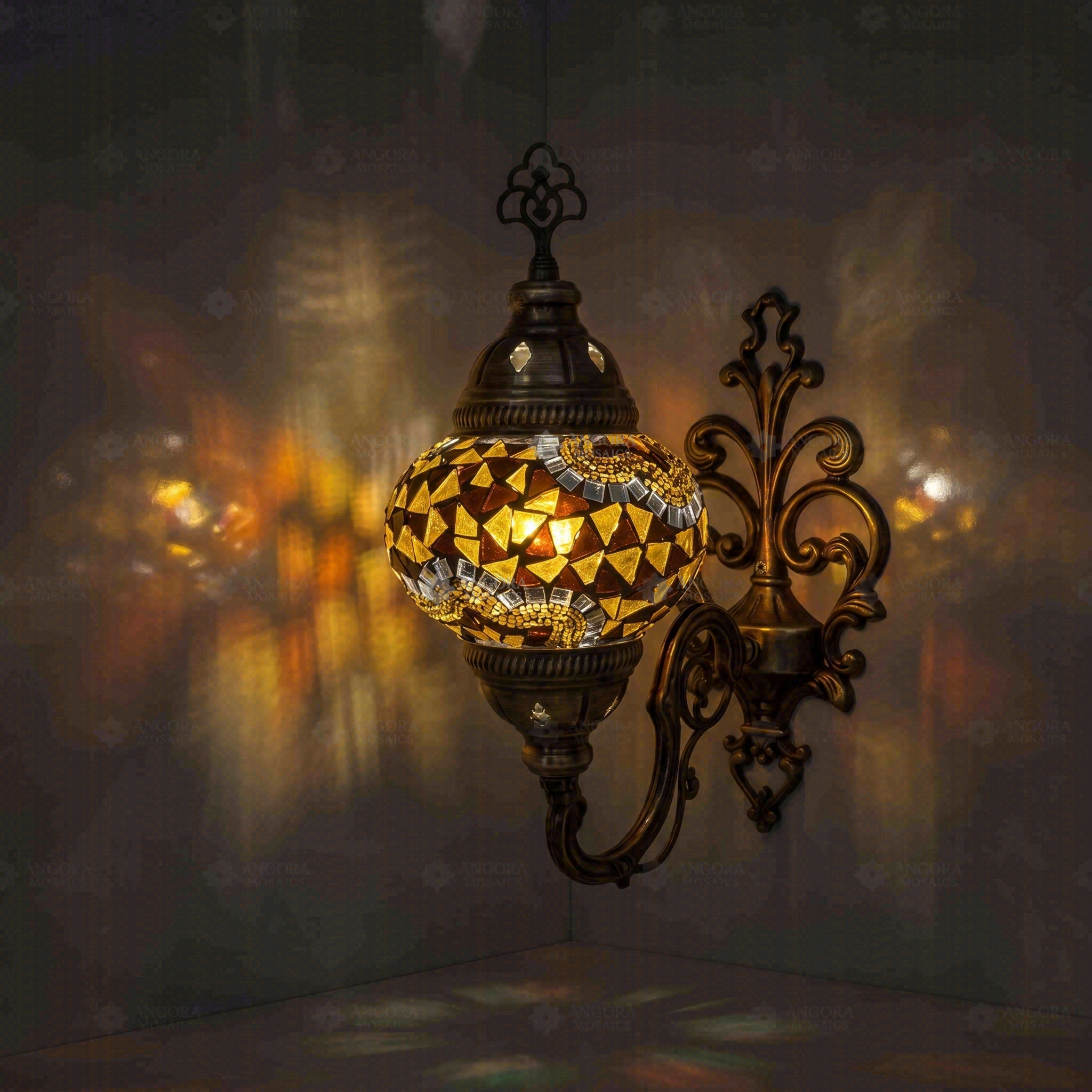 Amber Turkish mosaic wall sconce illuminated, showing colorful light projection (ENV APN2079)