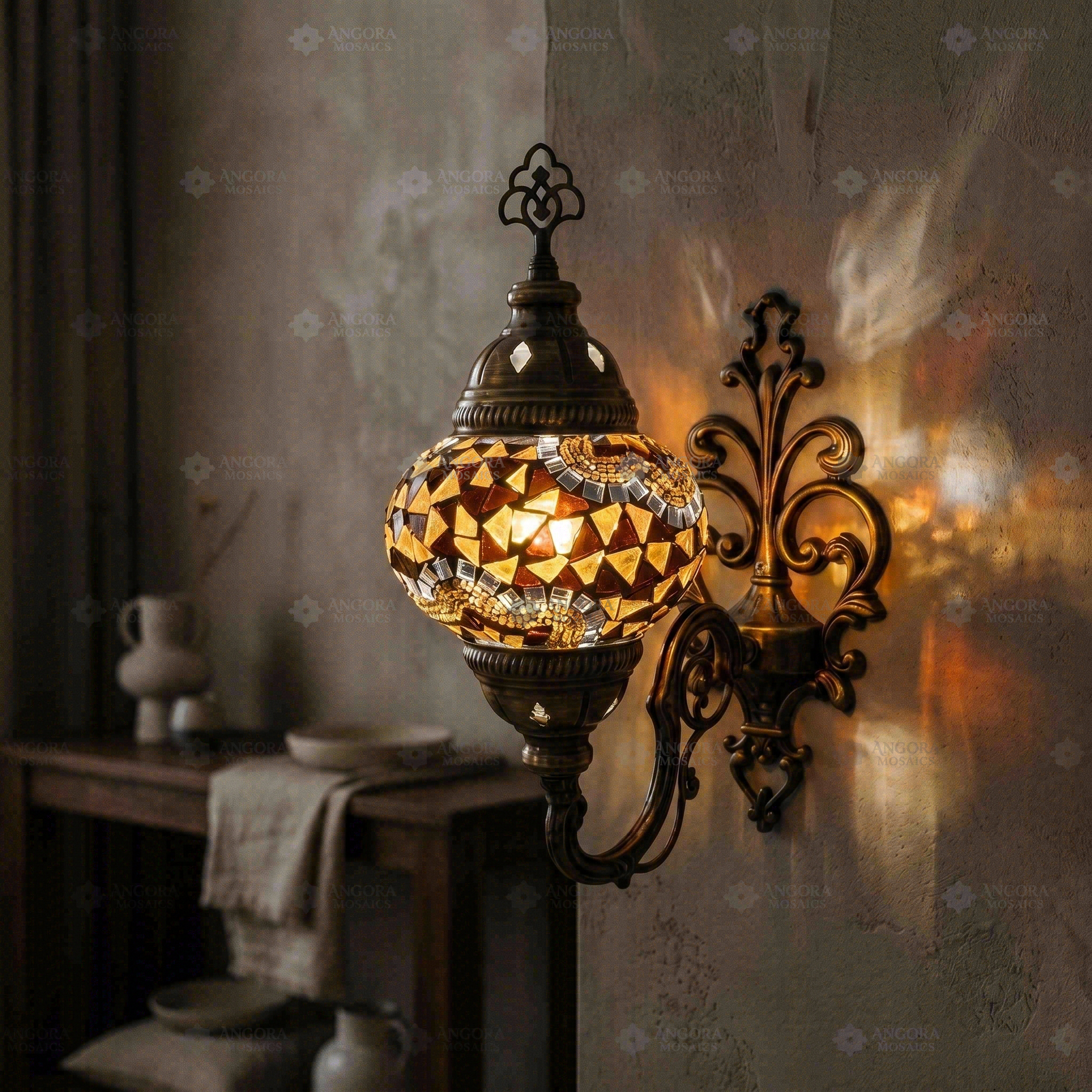 Amber warm amber Turkish mosaic wall sconce in styled room — handmade Moroccan wall sconce (ENV APN2079)