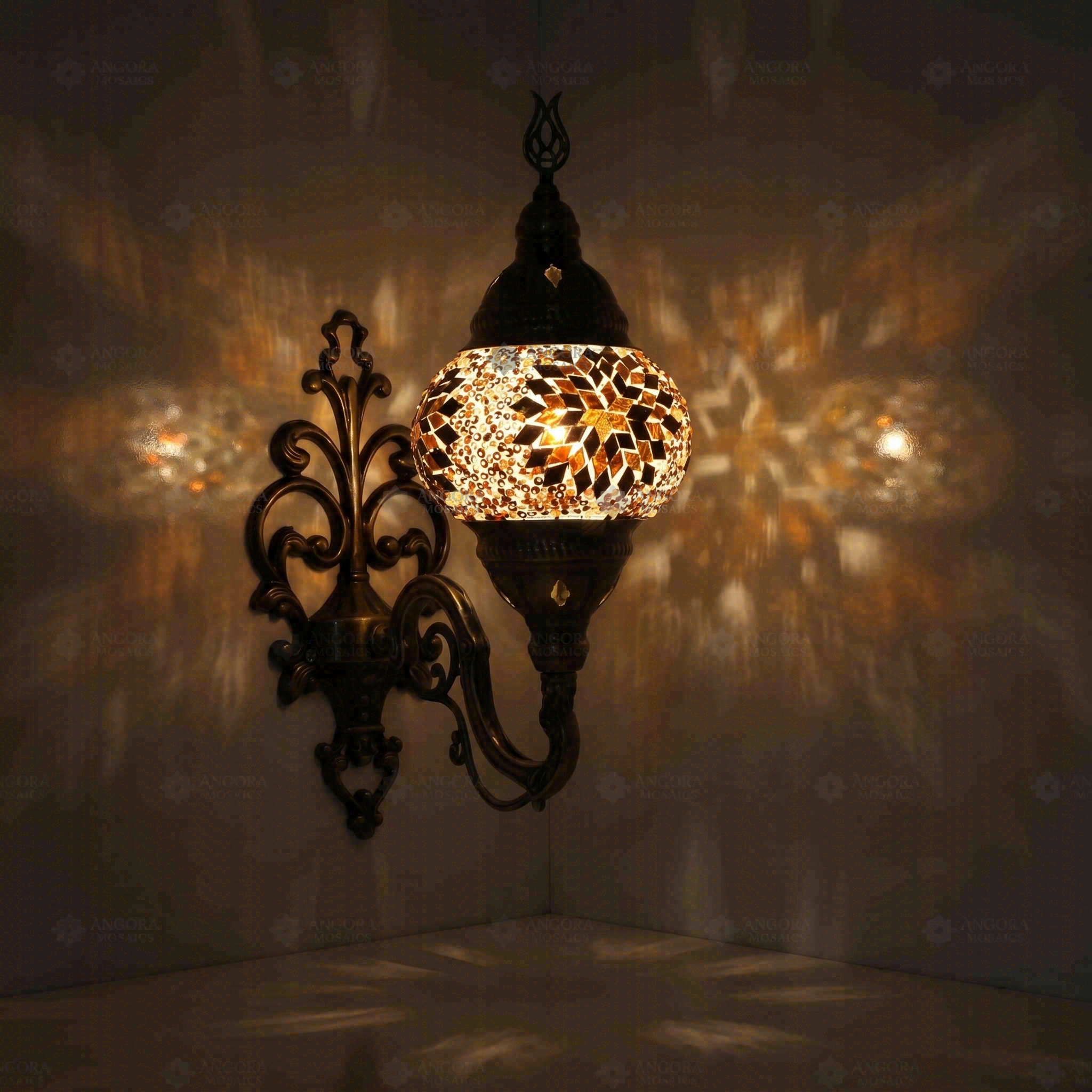 Amber Turkish mosaic wall sconce illuminated, showing colorful light projection (ENV APN2118)