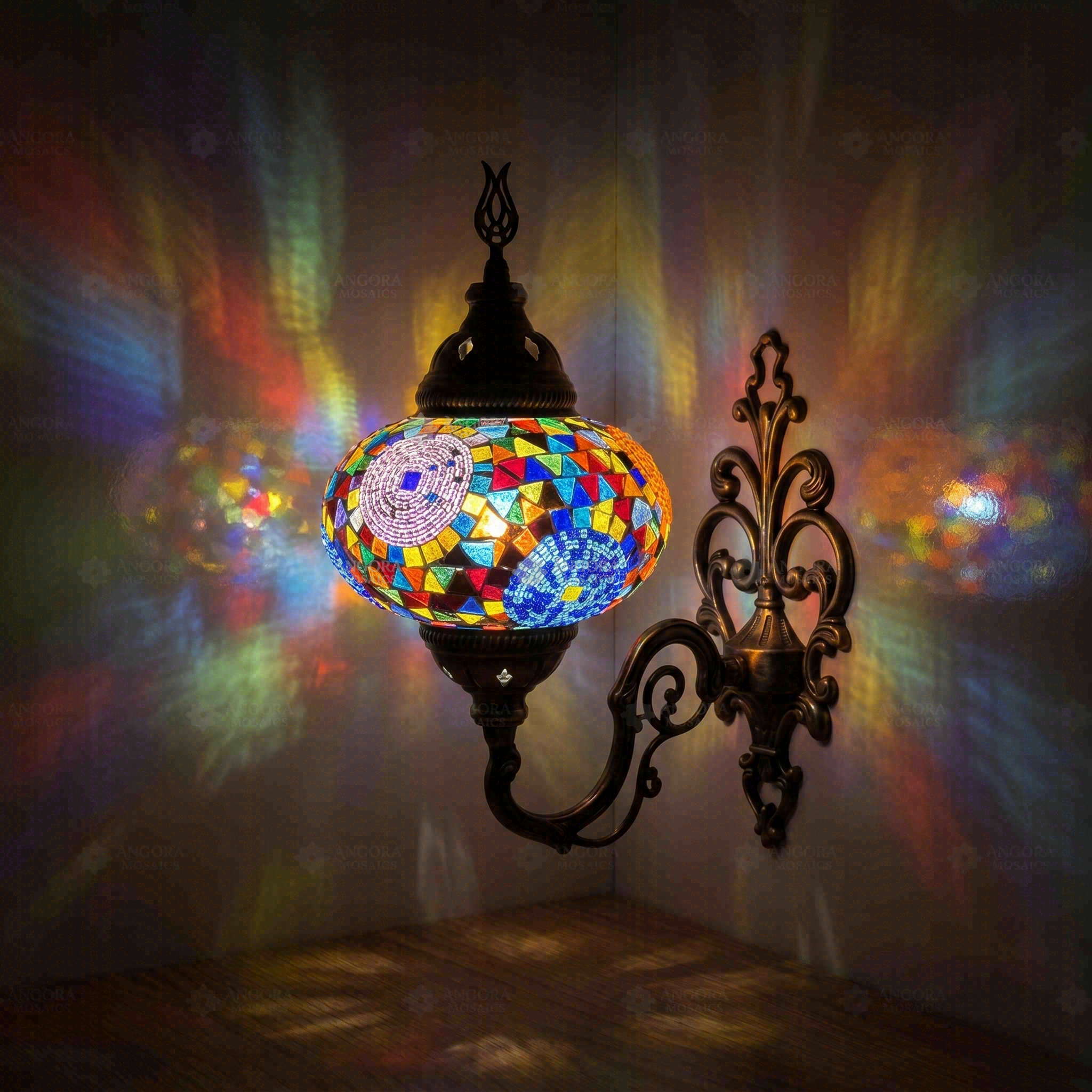 Multicolor Turkish mosaic wall sconce illuminated, showing colorful light projection (ENV APN3001)