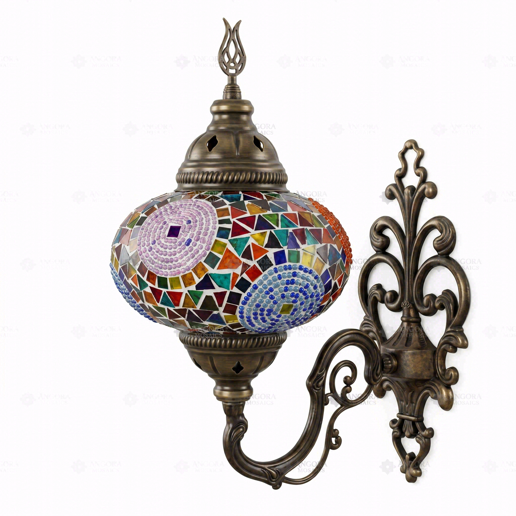 Full view of handmade Multicolor multicolor jewel Turkish mosaic wall sconce on white background (ENV APN3001)