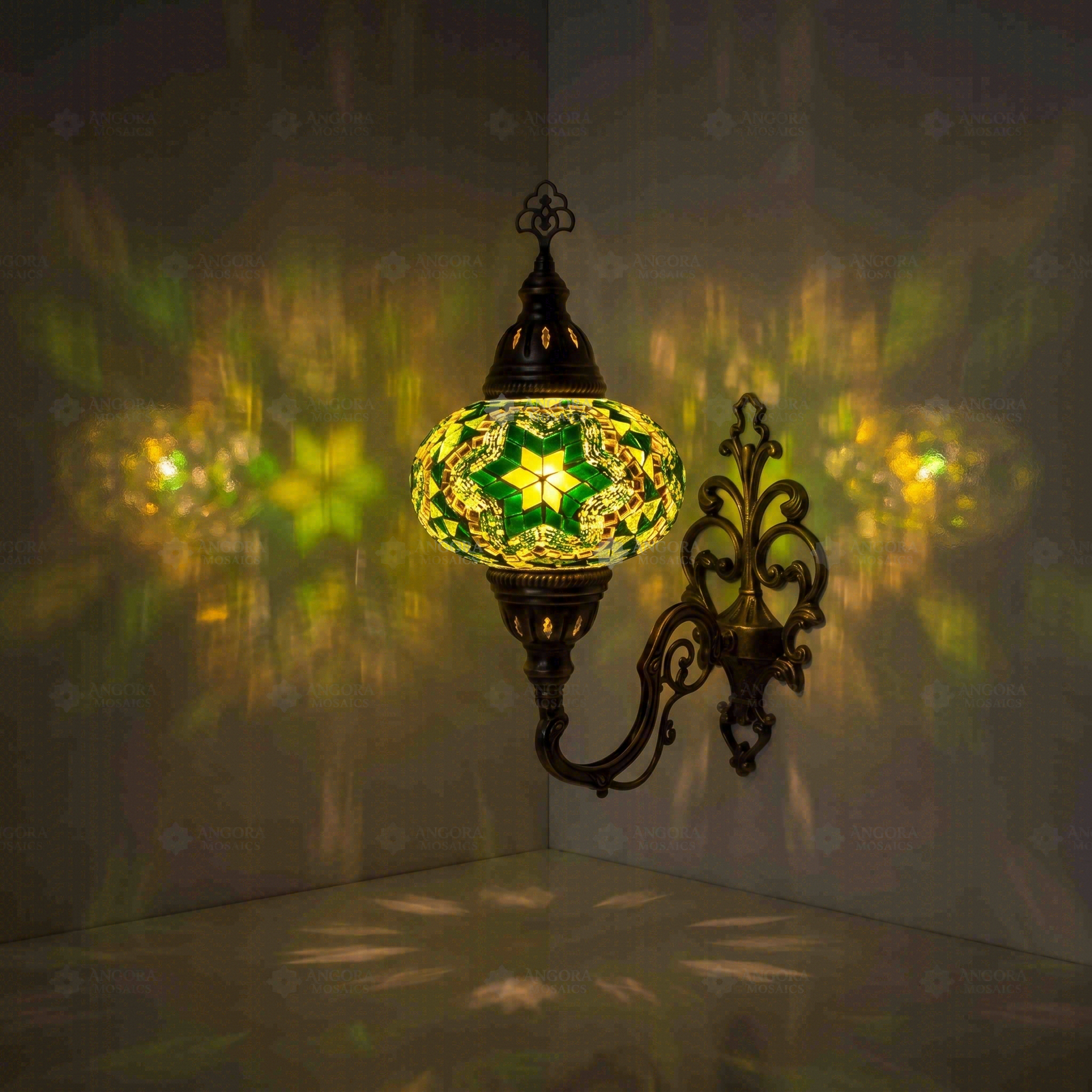 Green Turkish mosaic wall sconce illuminated, showing colorful light projection (ENV APN3003)