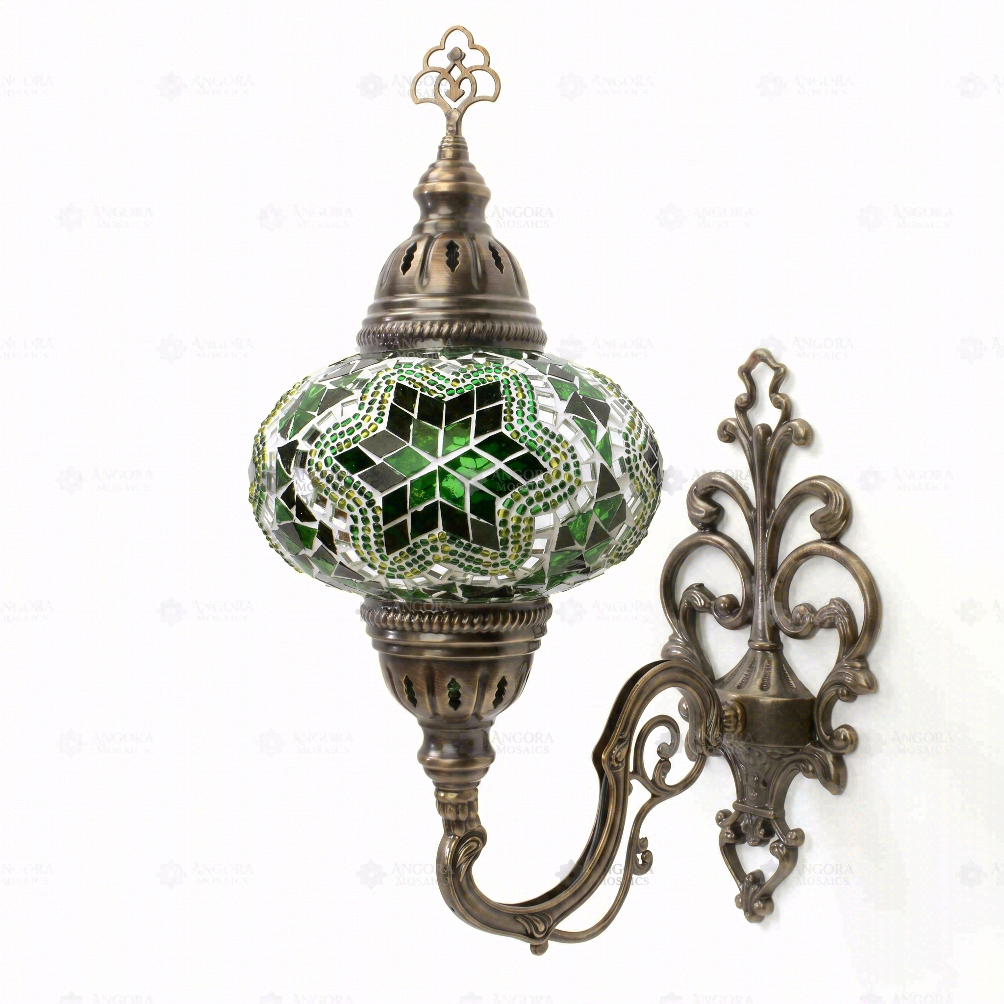 Full view of handmade Green green jewel Turkish mosaic wall sconce on white background (ENV APN3003)