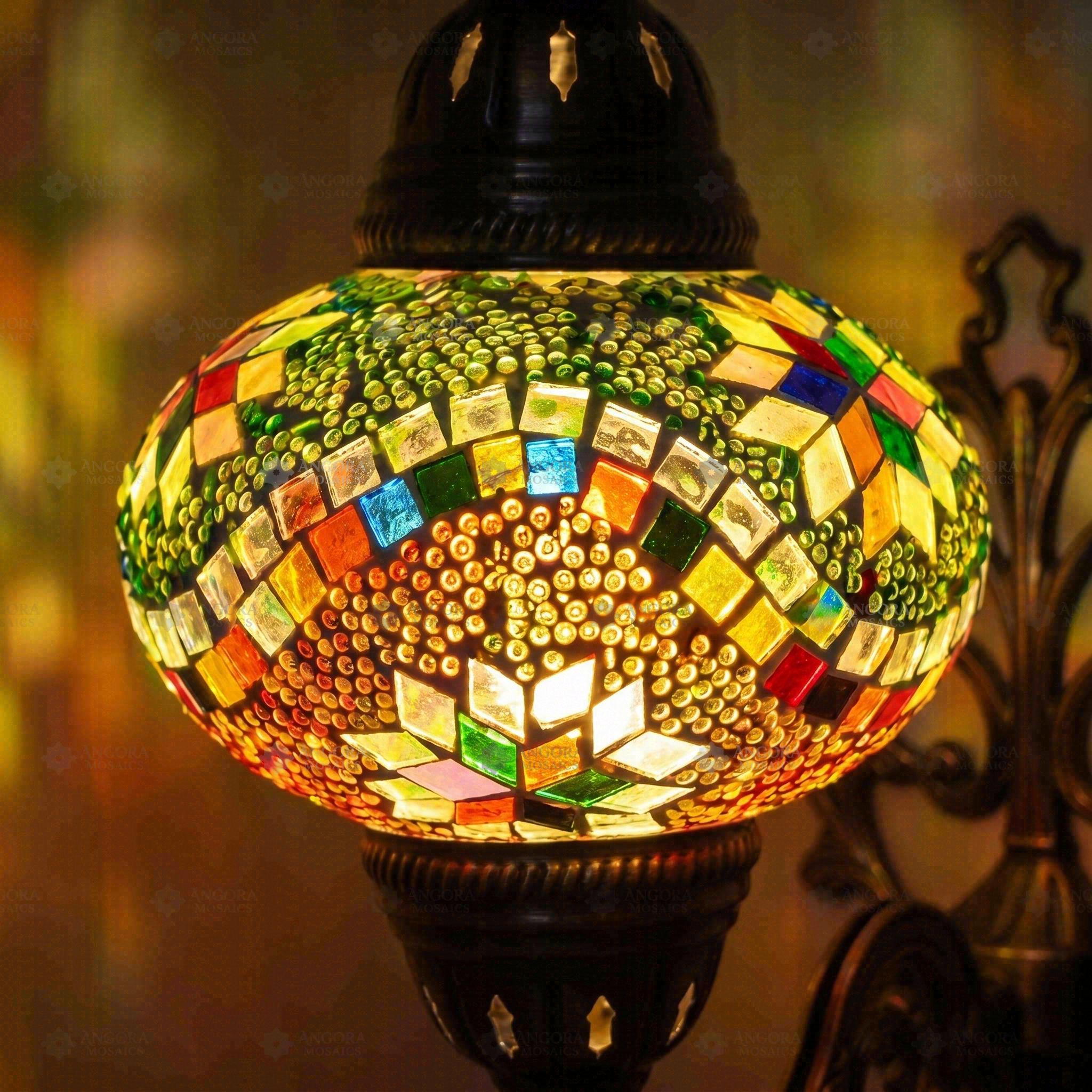 Lit close-up of mosaic glass globe — Multicolor wall sconce glowing (ENV APN3004)