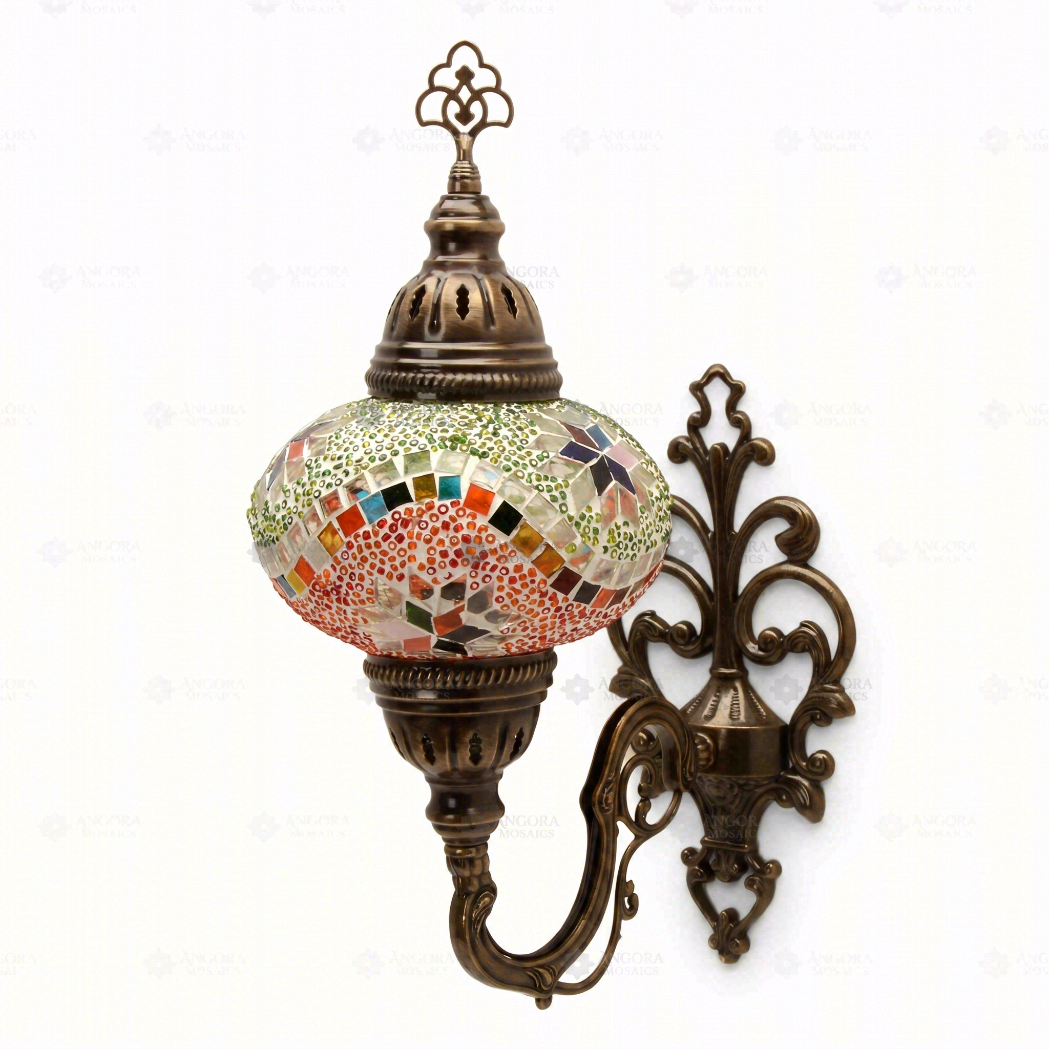 Full view of handmade Multicolor multicolor jewel Turkish mosaic wall sconce on white background (ENV APN3004)