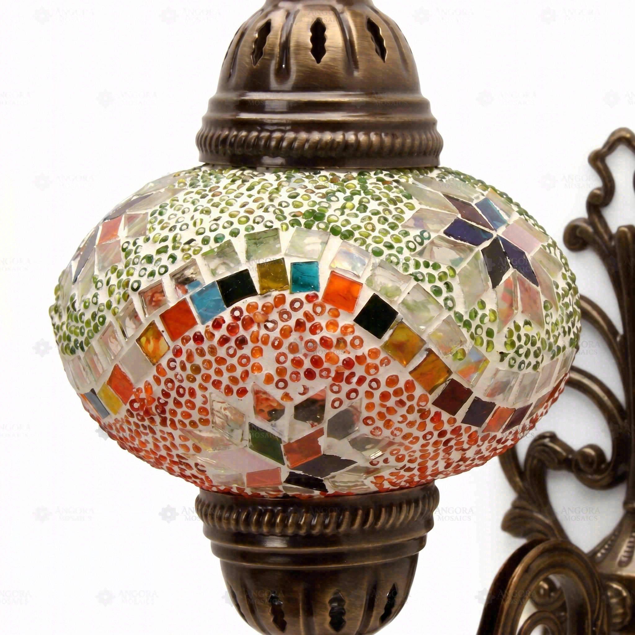 Close-up of Multicolor multicolor jewel mosaic glass globe pattern — wall sconce (ENV APN3004)
