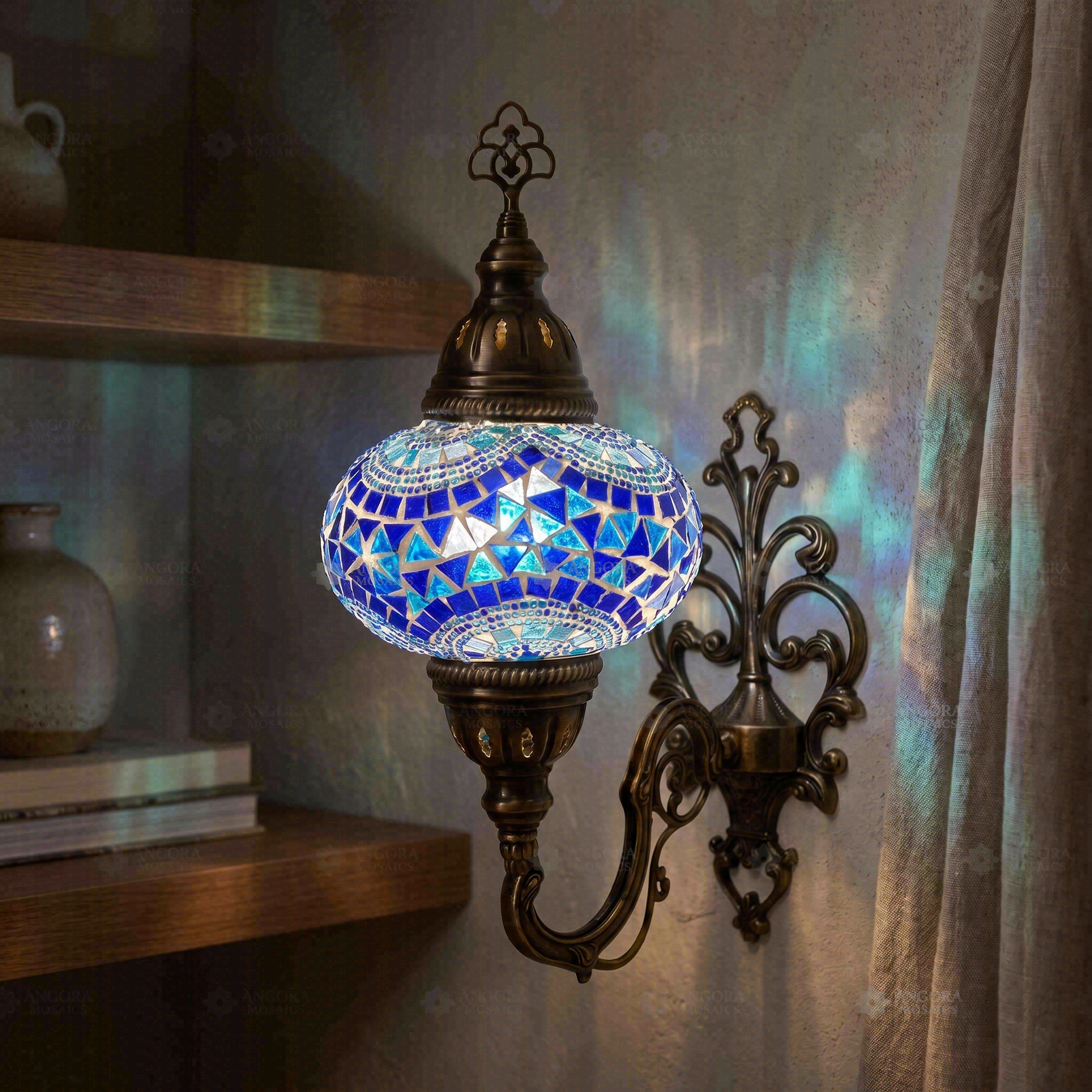 Blue blue jewel Turkish mosaic wall sconce in styled room — handmade Moroccan wall sconce (ENV APN3005)