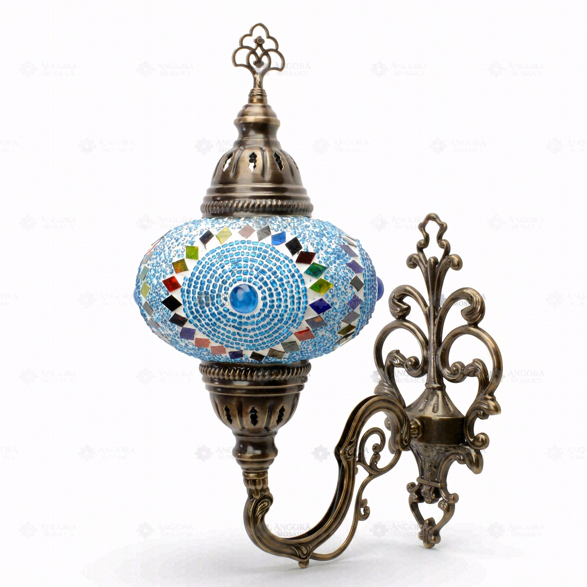 Full view of handmade Blue blue jewel Turkish mosaic wall sconce on white background (ENV APN3006)