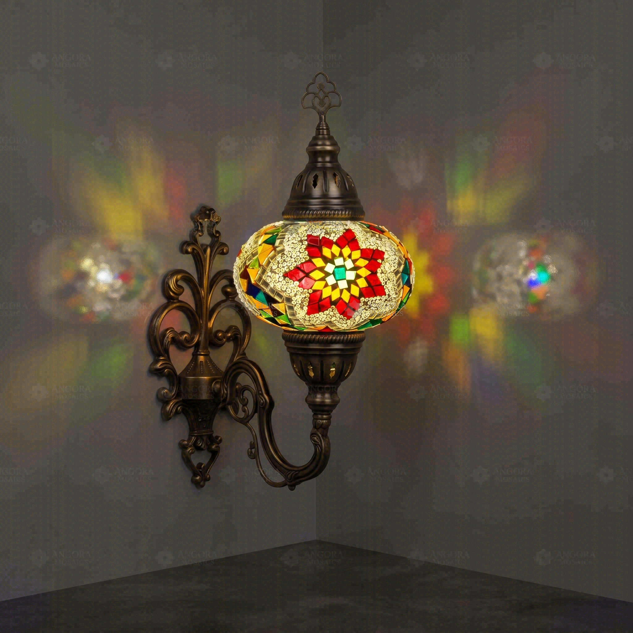 Multicolor Turkish mosaic wall sconce illuminated, showing colorful light projection (ENV APN3007)