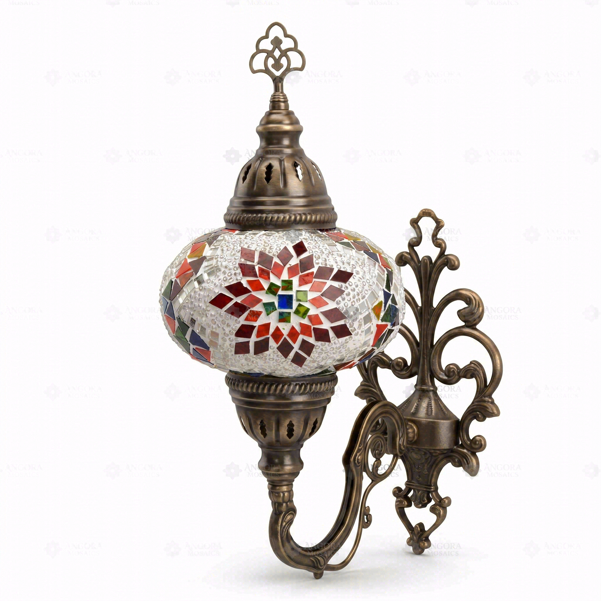 Full view of handmade Multicolor multicolor jewel Turkish mosaic wall sconce on white background (ENV APN3007)