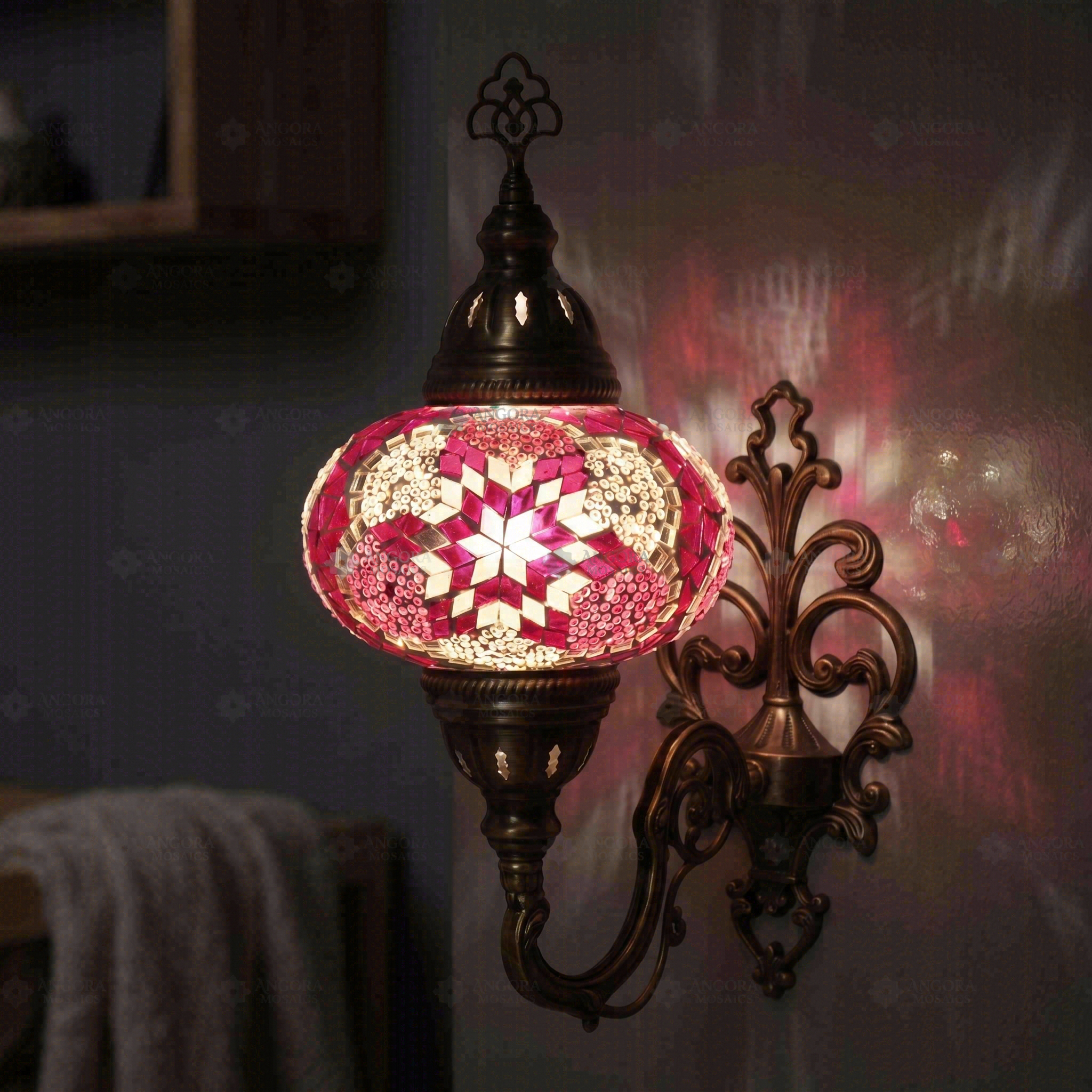 Pink pink rose Turkish mosaic wall sconce in styled room — handmade Moroccan wall sconce (ENV APN3008)