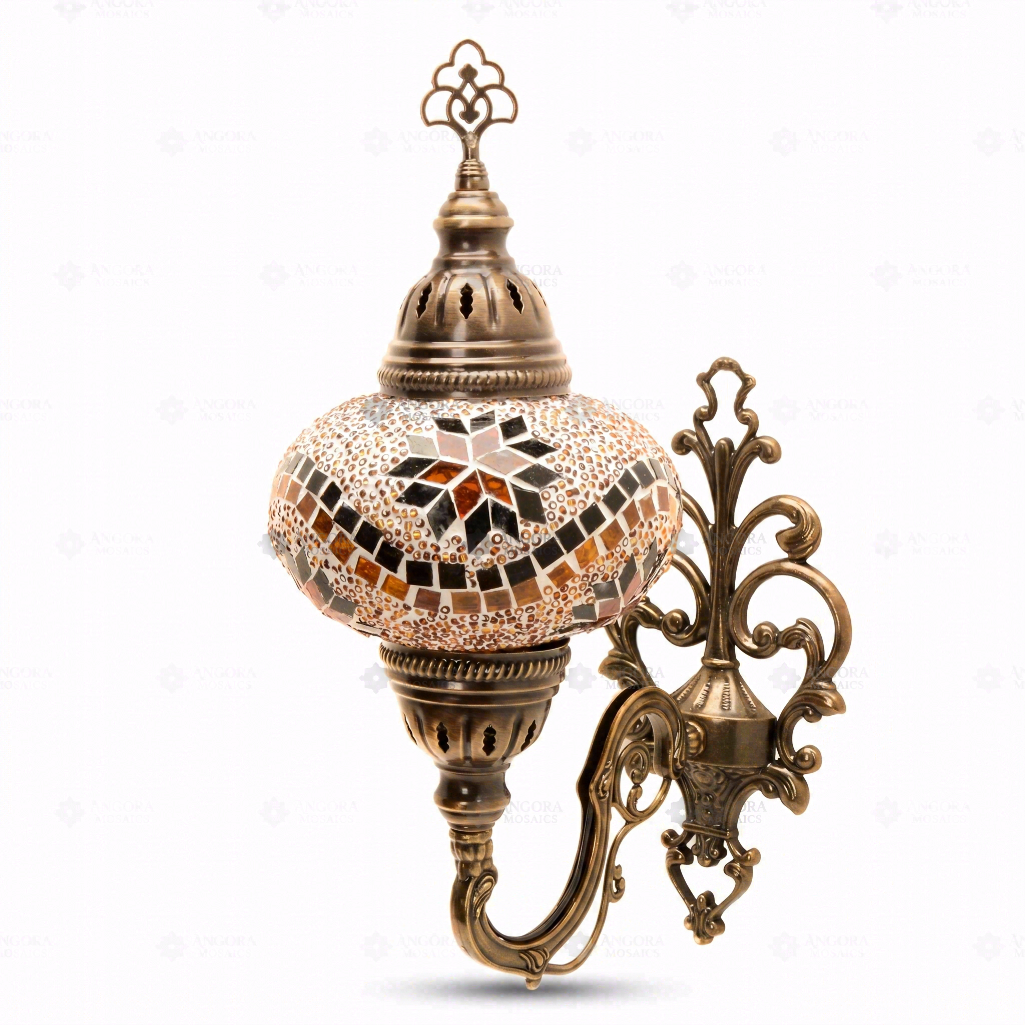 Full view of handmade Amber warm amber Turkish mosaic wall sconce on white background (ENV APN3009)