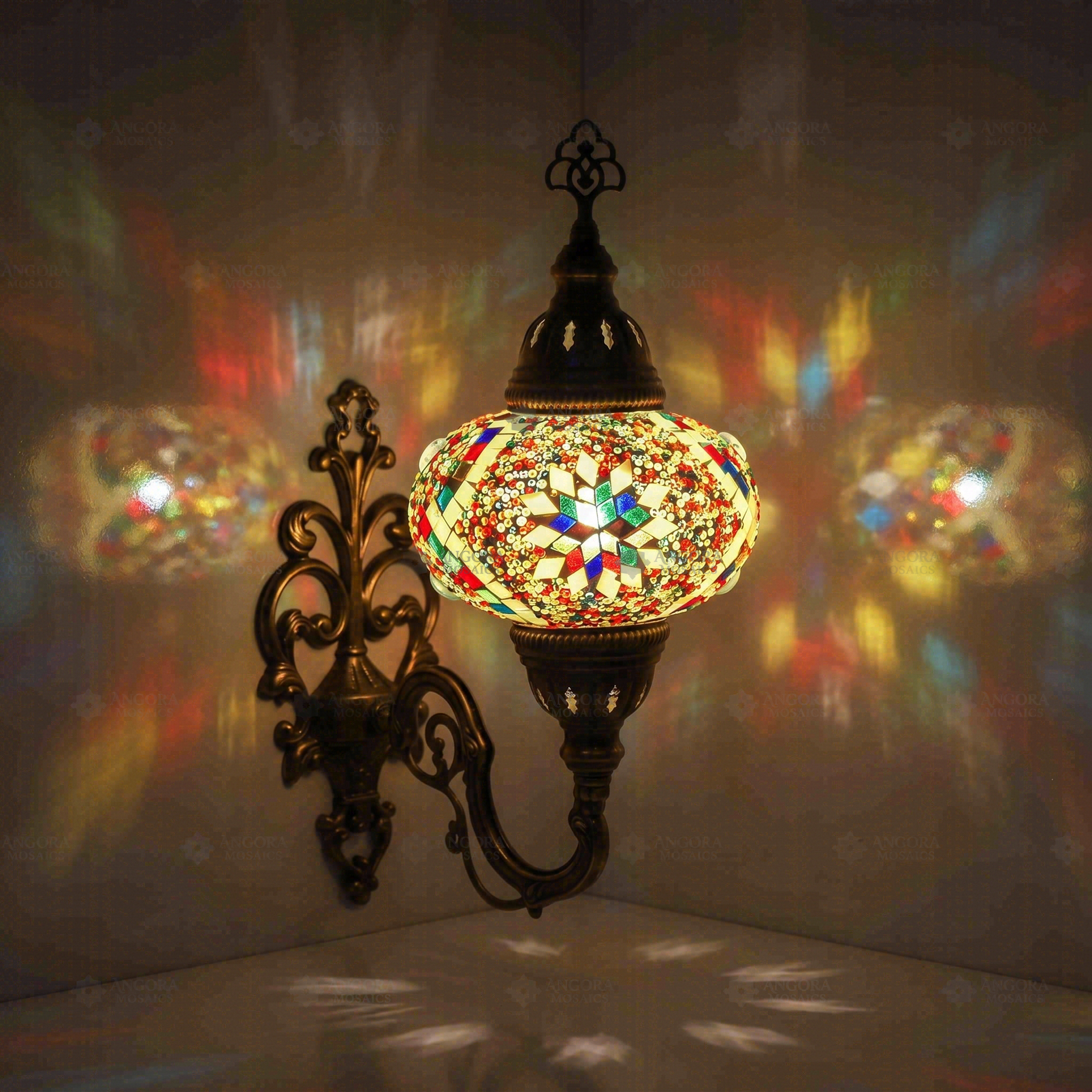 Multicolor Turkish mosaic wall sconce illuminated, showing colorful light projection (ENV APN3010)