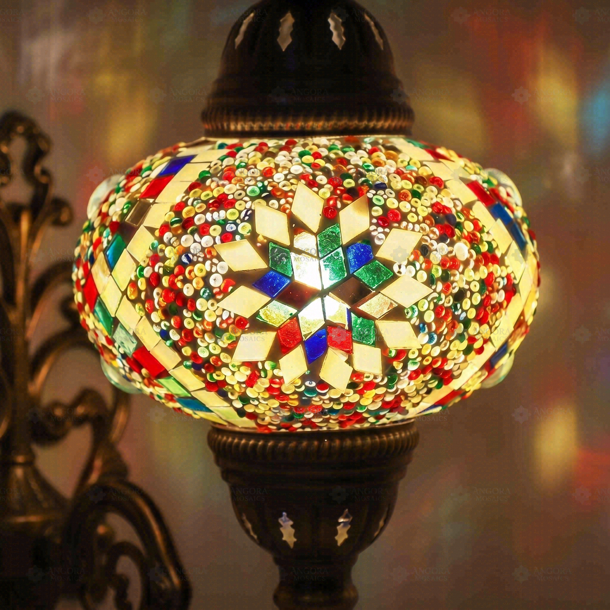 Lit close-up of mosaic glass globe — Multicolor wall sconce glowing (ENV APN3010)
