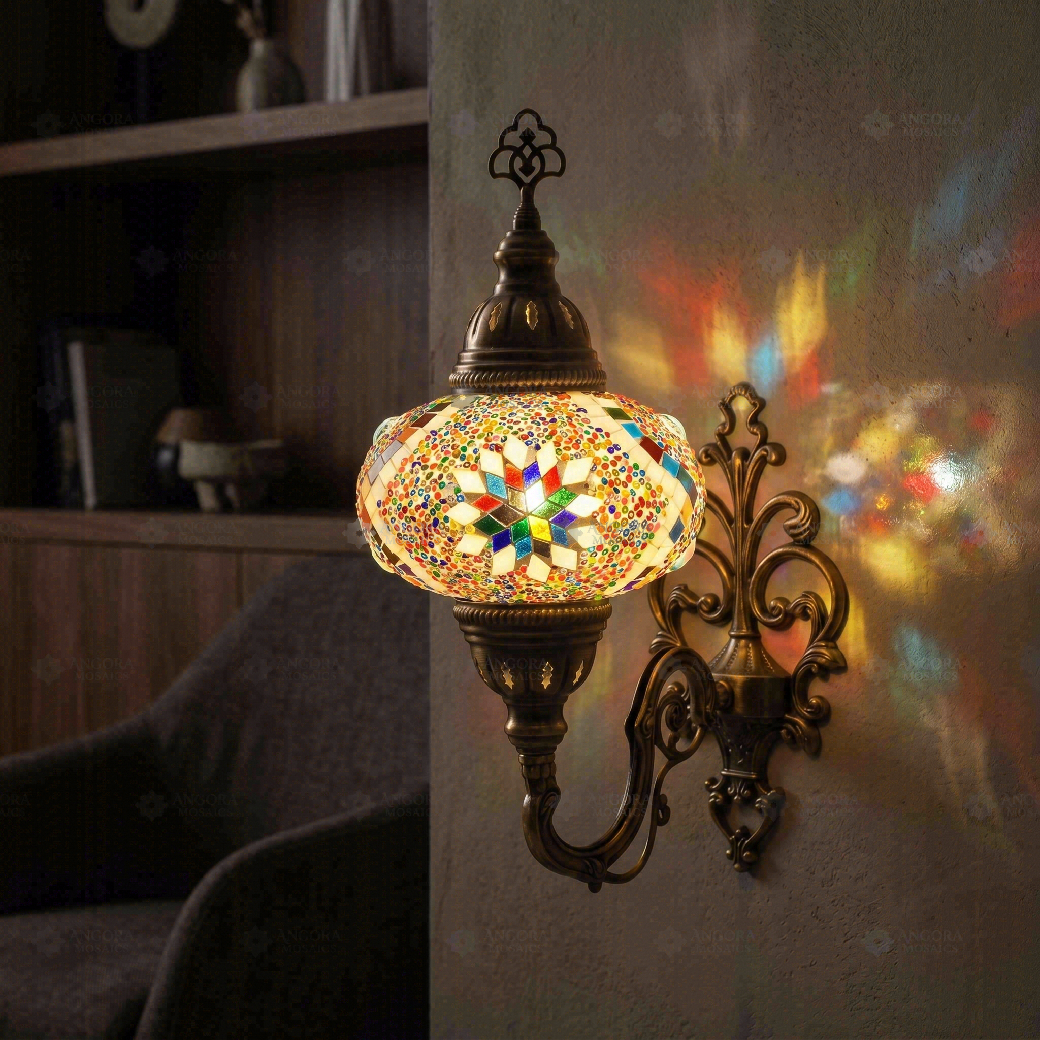 Multicolor multicolor jewel Turkish mosaic wall sconce in styled room — handmade Moroccan wall sconce (ENV APN3010)