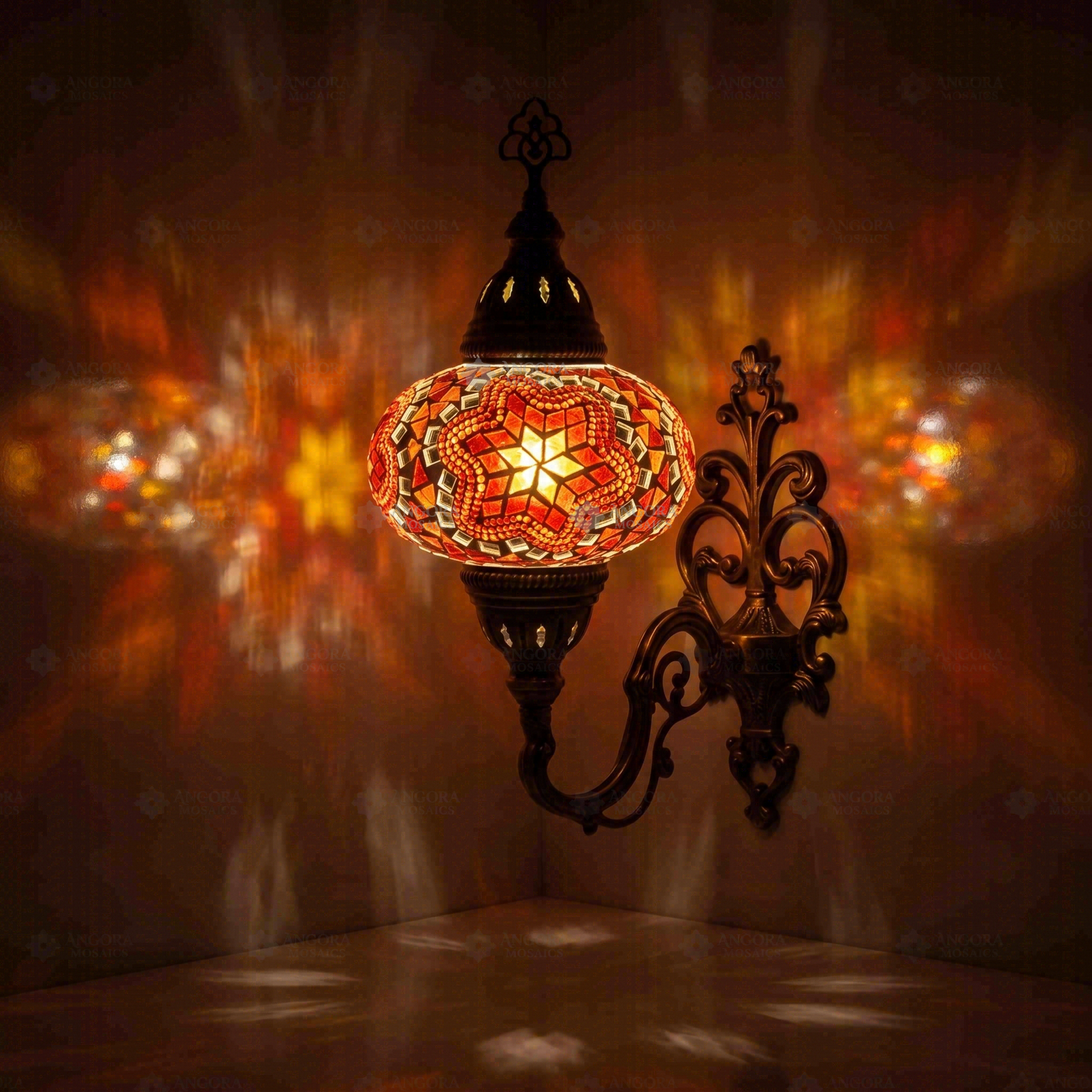 Amber Turkish mosaic wall sconce illuminated, showing colorful light projection (ENV APN3011)