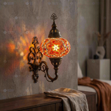 Amber warm amber Turkish mosaic wall sconce in styled room — handmade Moroccan wall sconce (ENV APN3011)