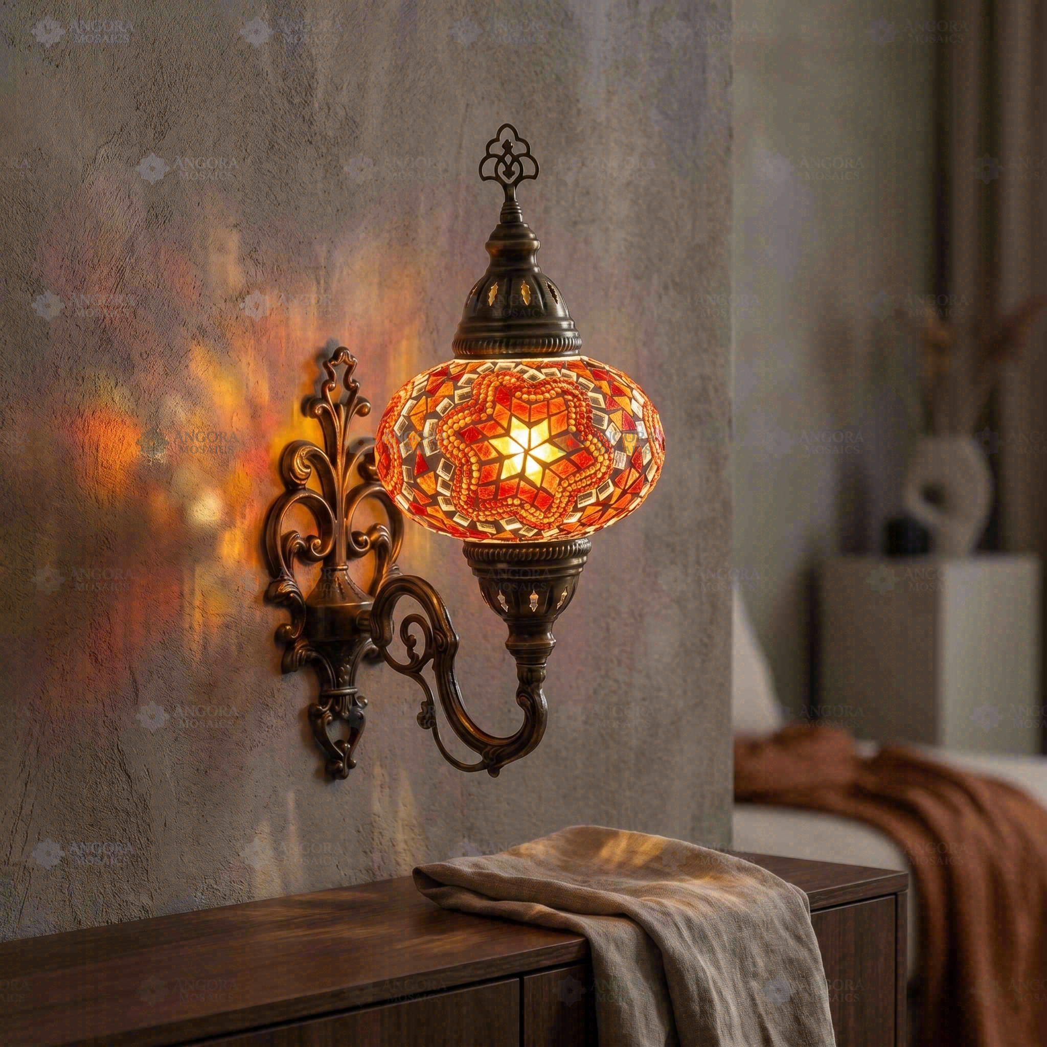 Amber warm amber Turkish mosaic wall sconce in styled room — handmade Moroccan wall sconce (ENV APN3011)