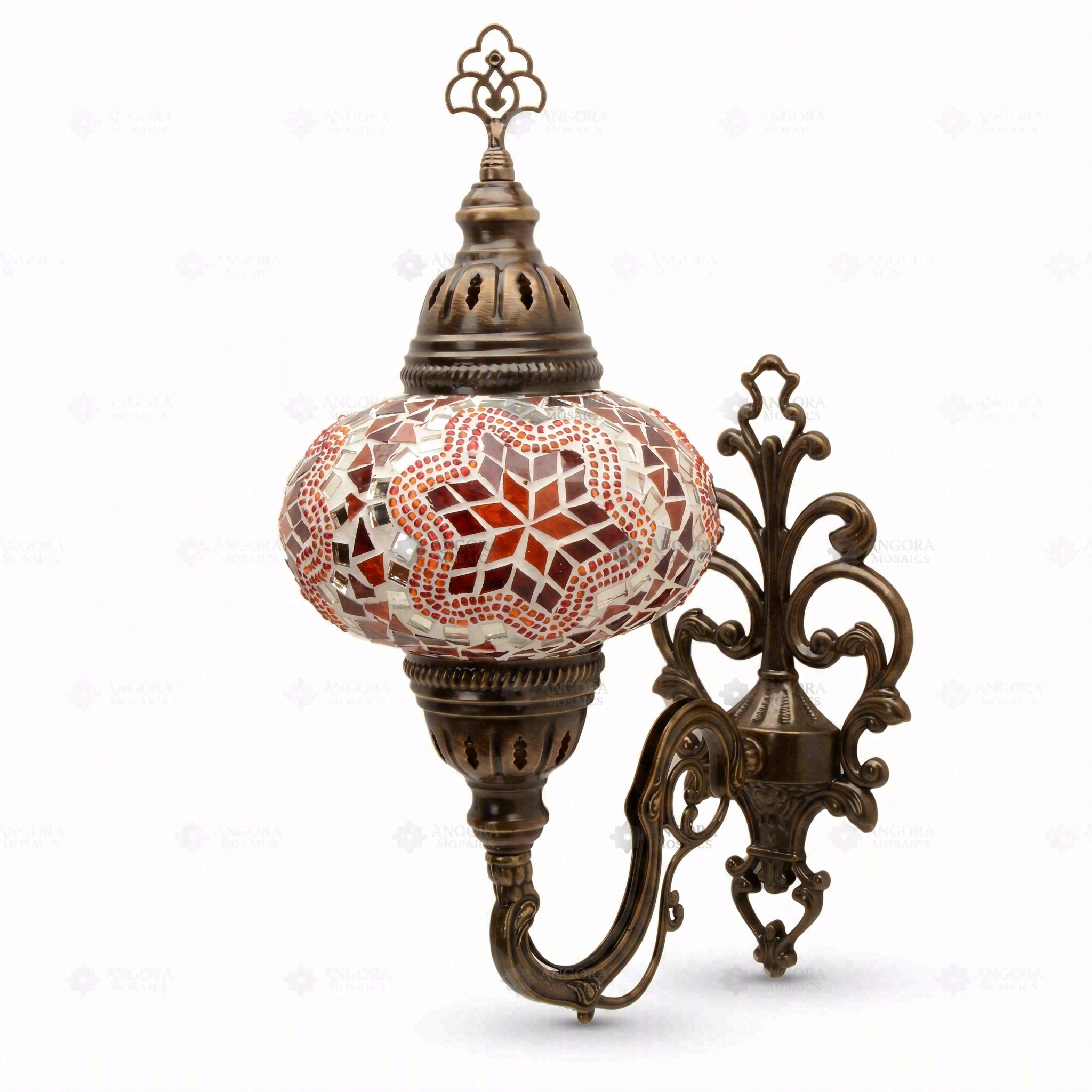 Full view of handmade Amber warm amber Turkish mosaic wall sconce on white background (ENV APN3011)