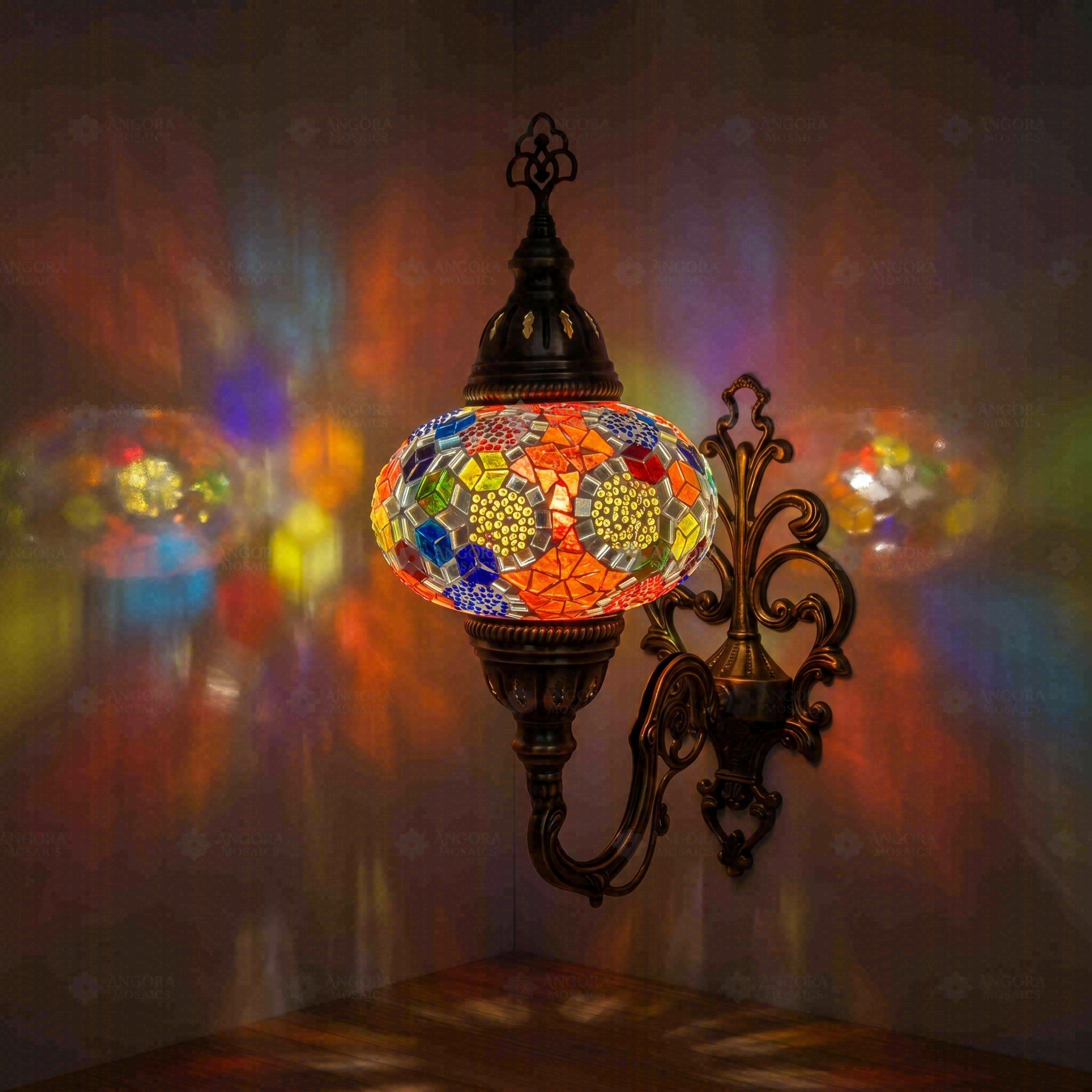 Multicolor Turkish mosaic wall sconce illuminated, showing colorful light projection (ENV APN3012)