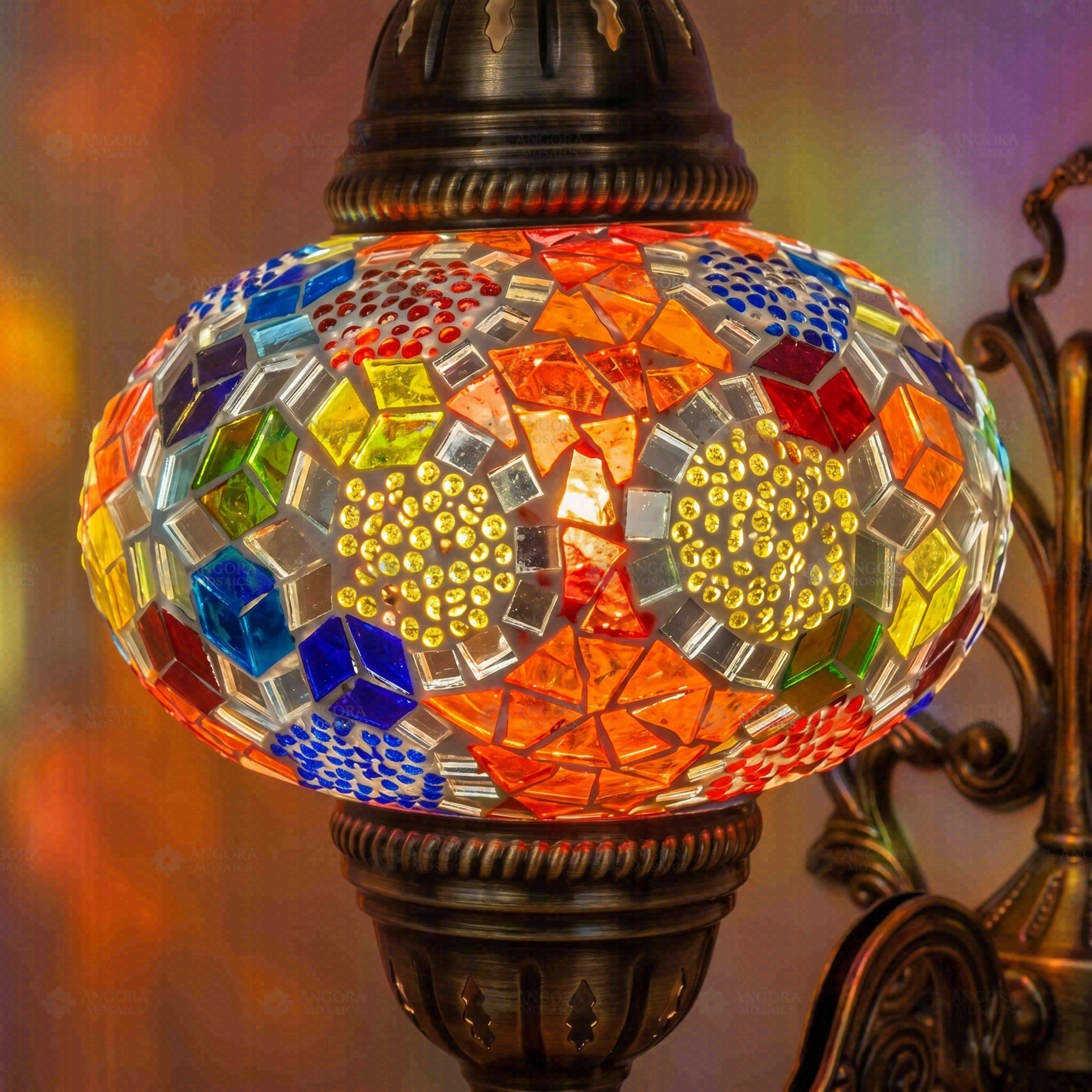 Lit close-up of mosaic glass globe — Multicolor wall sconce glowing (ENV APN3012)