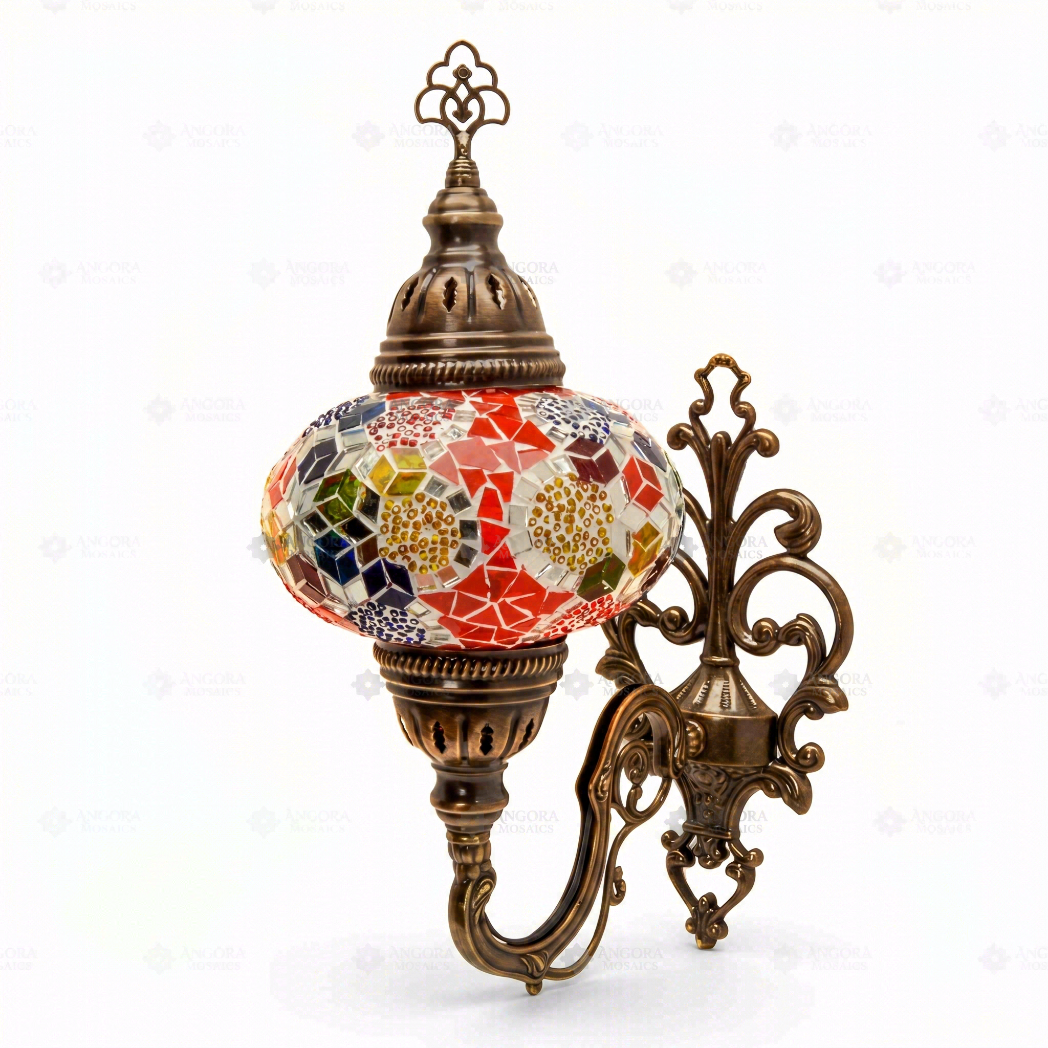 Full view of handmade Multicolor multicolor jewel Turkish mosaic wall sconce on white background (ENV APN3012)