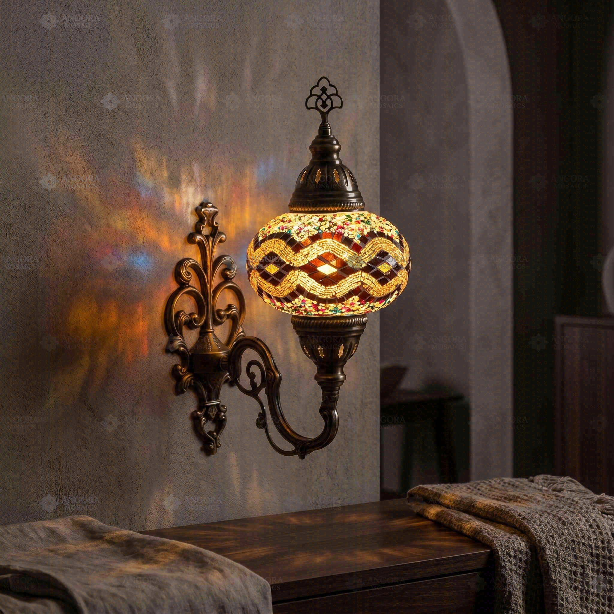 Multicolor multicolor jewel Turkish mosaic wall sconce in styled room — handmade Moroccan wall sconce (ENV APN3013)
